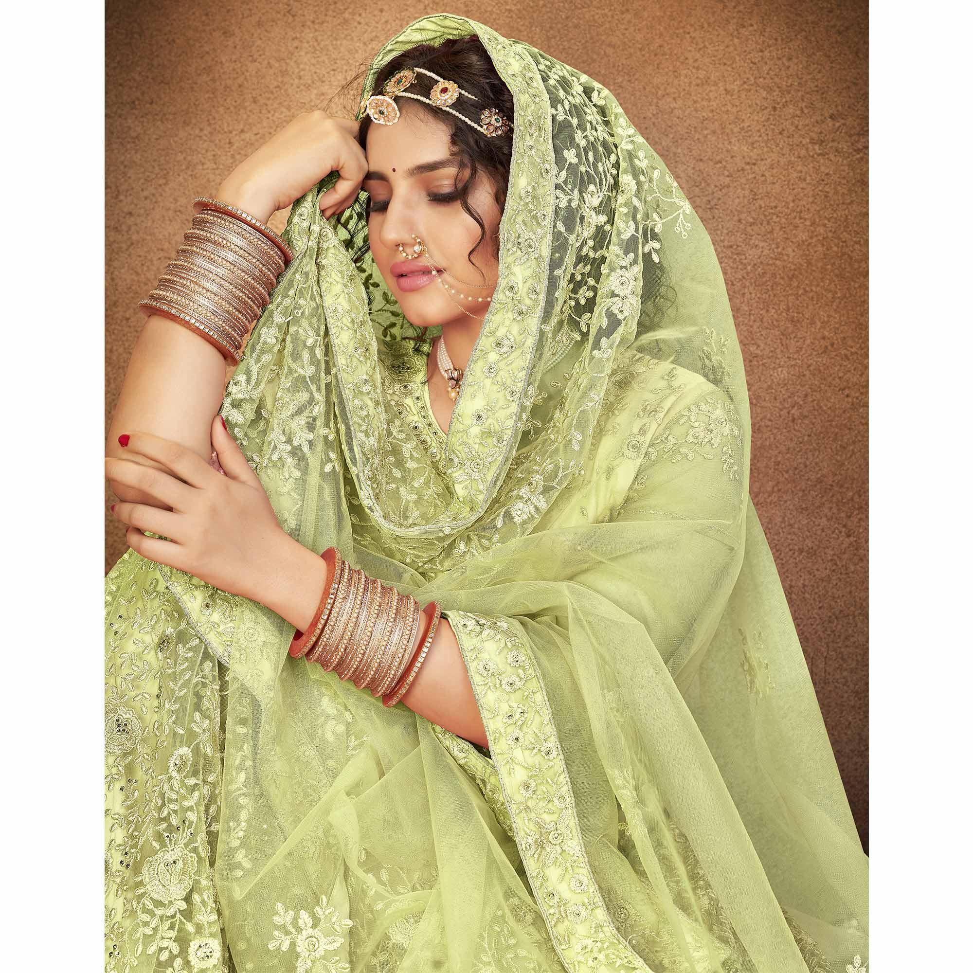 Pista Green Partywear Multi Sequence Embroidered Net Lehenga Choli - Peachmode