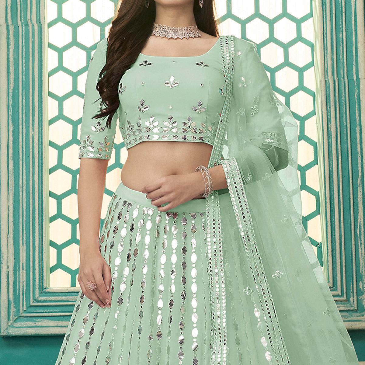 Pista Green Partywear Sequence Embroidered Georgette Lehenga Choli - Peachmode