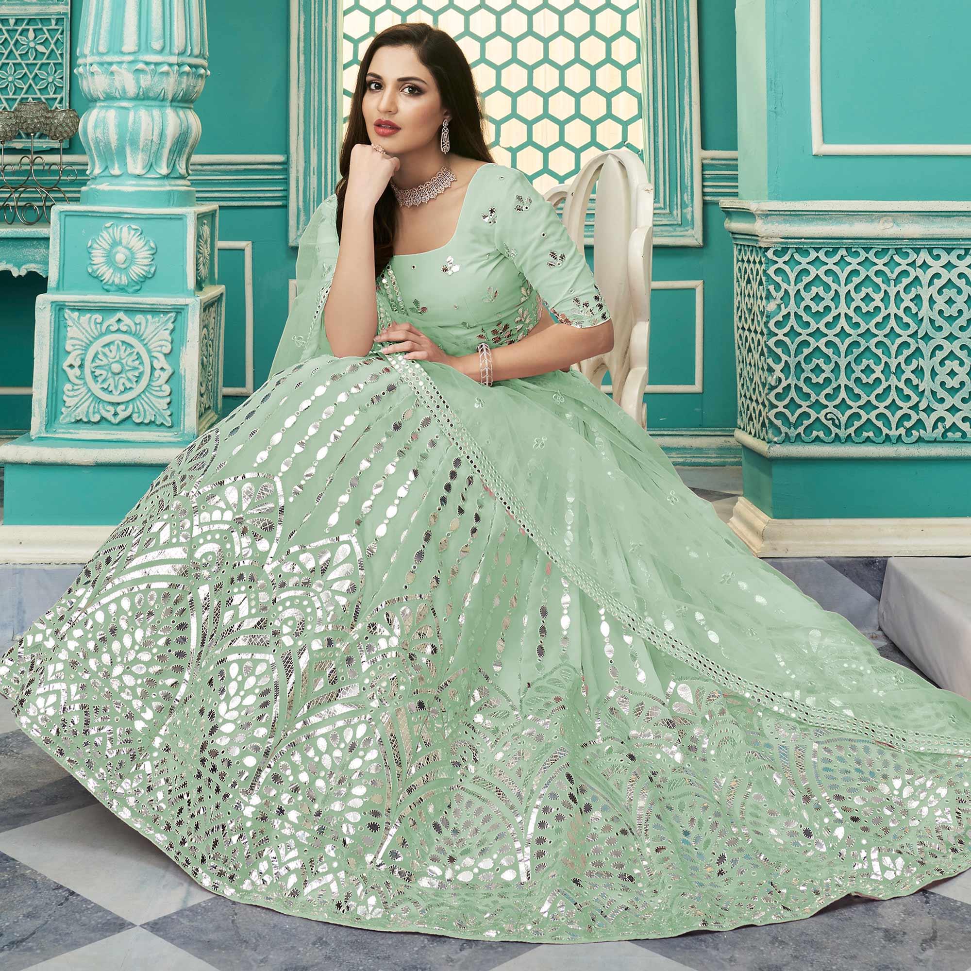 Pista Green Partywear Sequence Embroidered Georgette Lehenga Choli - Peachmode