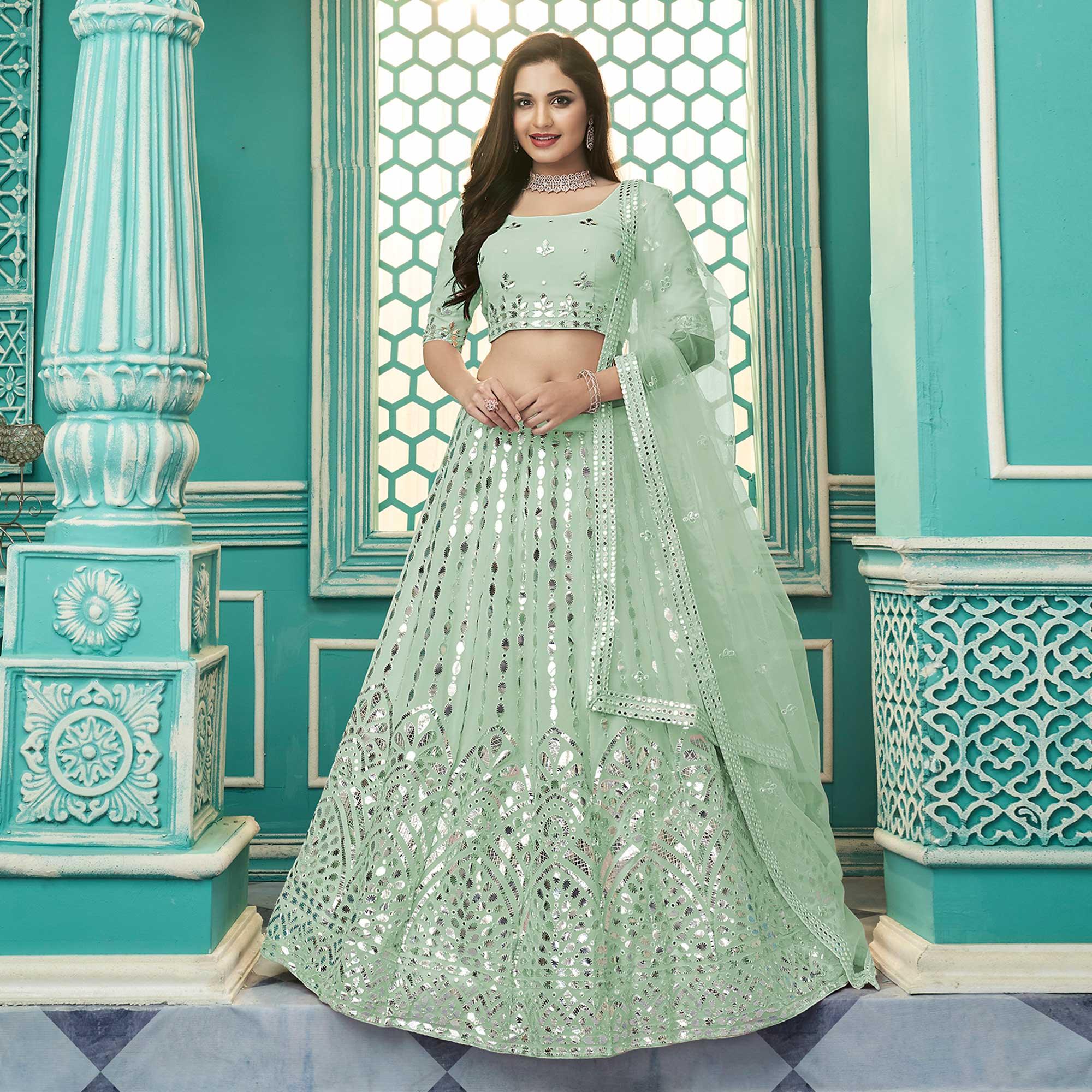Pista Green Partywear Sequence Embroidered Georgette Lehenga Choli - Peachmode