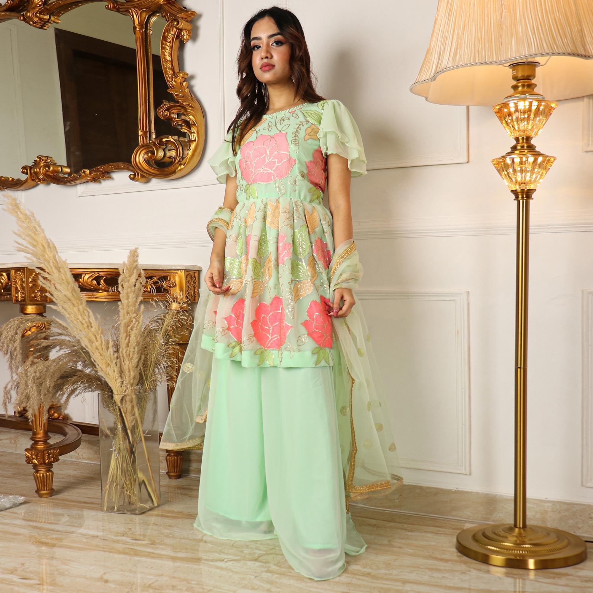 Pista Green Partywear Sequence Embroidered Georgette Palazzo Suit With Dupatta - Peachmode