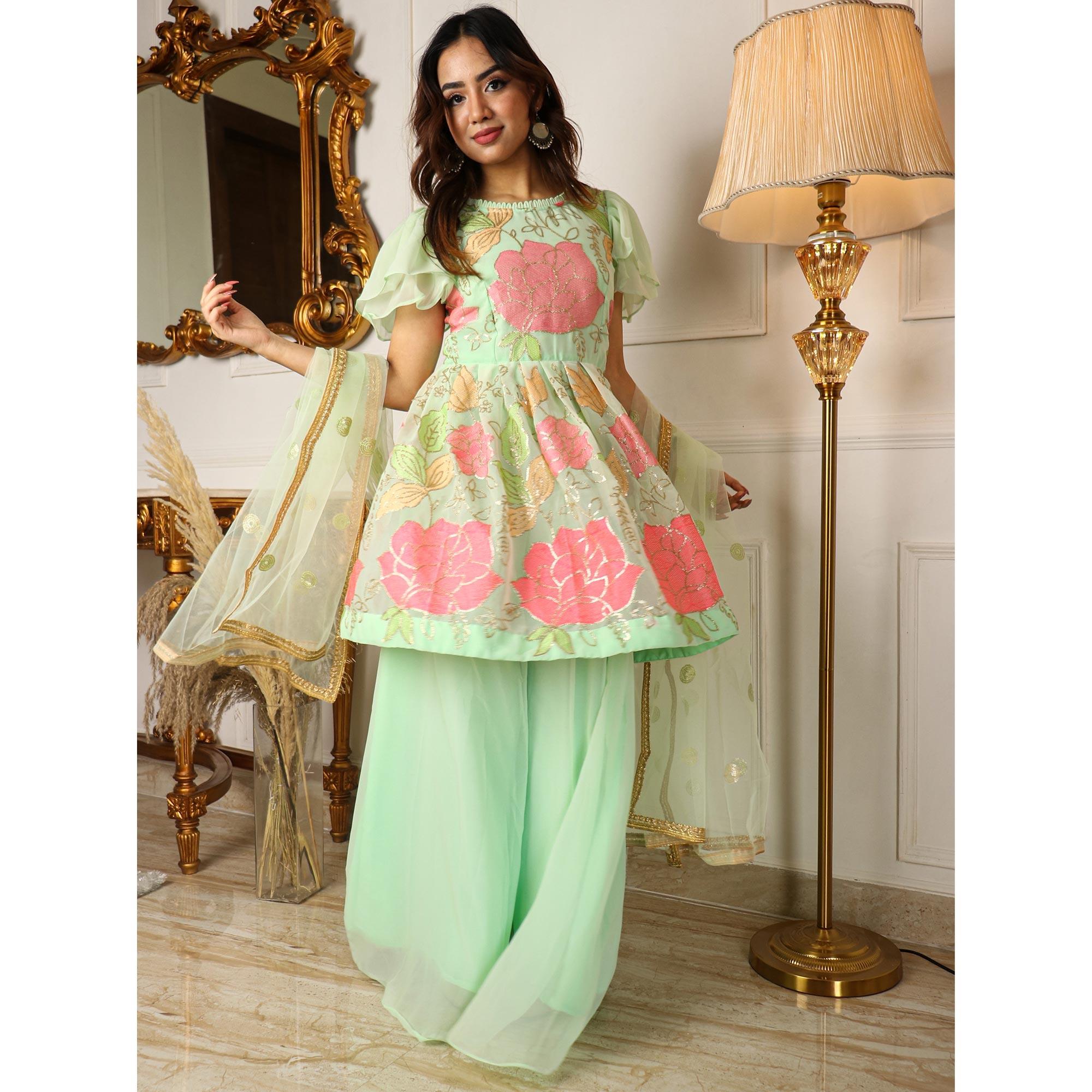 Pista Green Partywear Sequence Embroidered Georgette Palazzo Suit With Dupatta - Peachmode