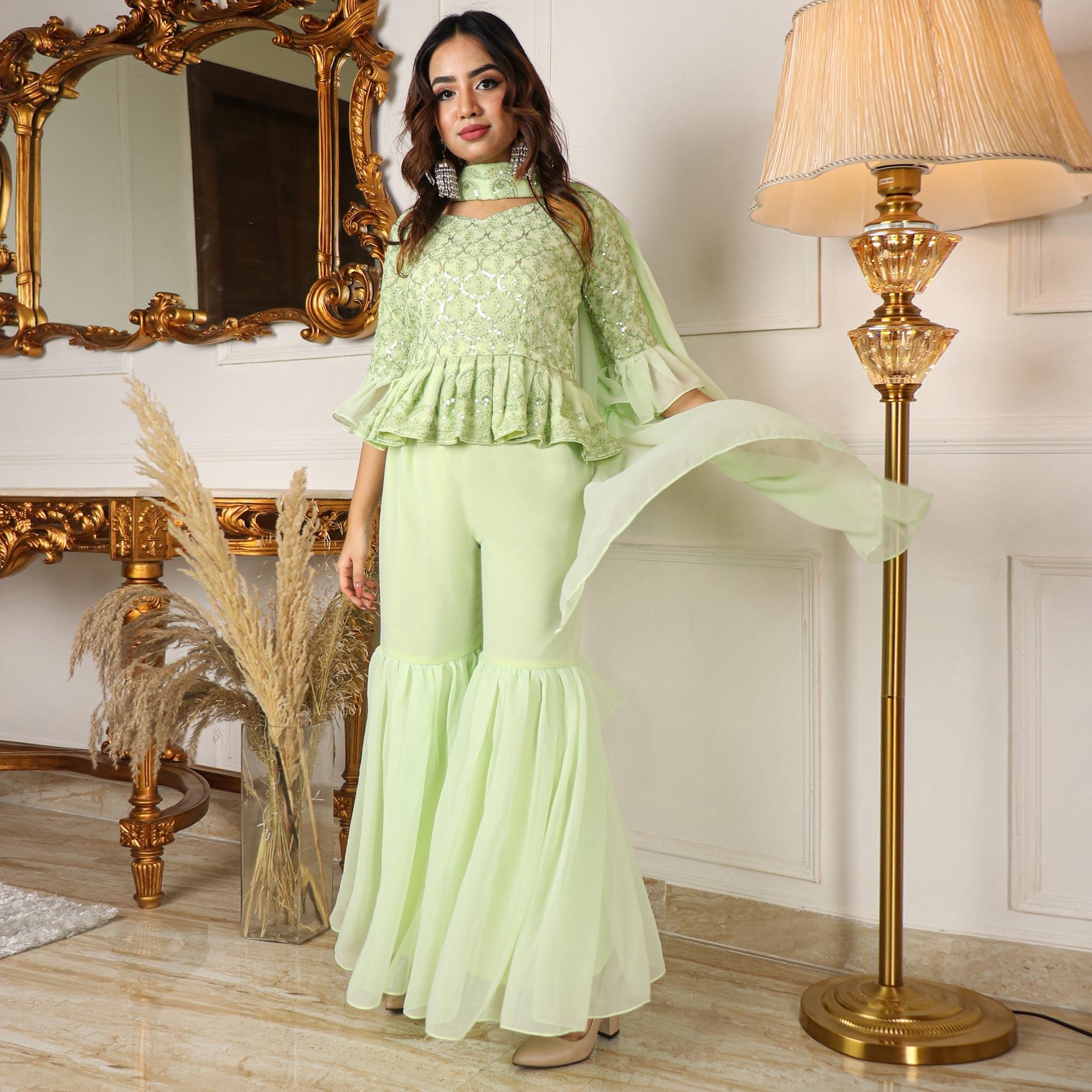 Pista Green Partywear Sequence Embroidered Georgette Sharara Suit - Peachmode