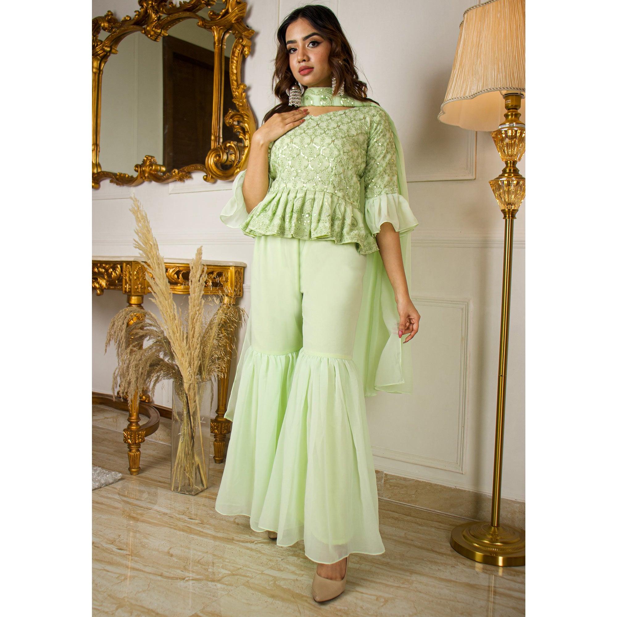 Pista Green Partywear Sequence Embroidered Georgette Sharara Suit - Peachmode