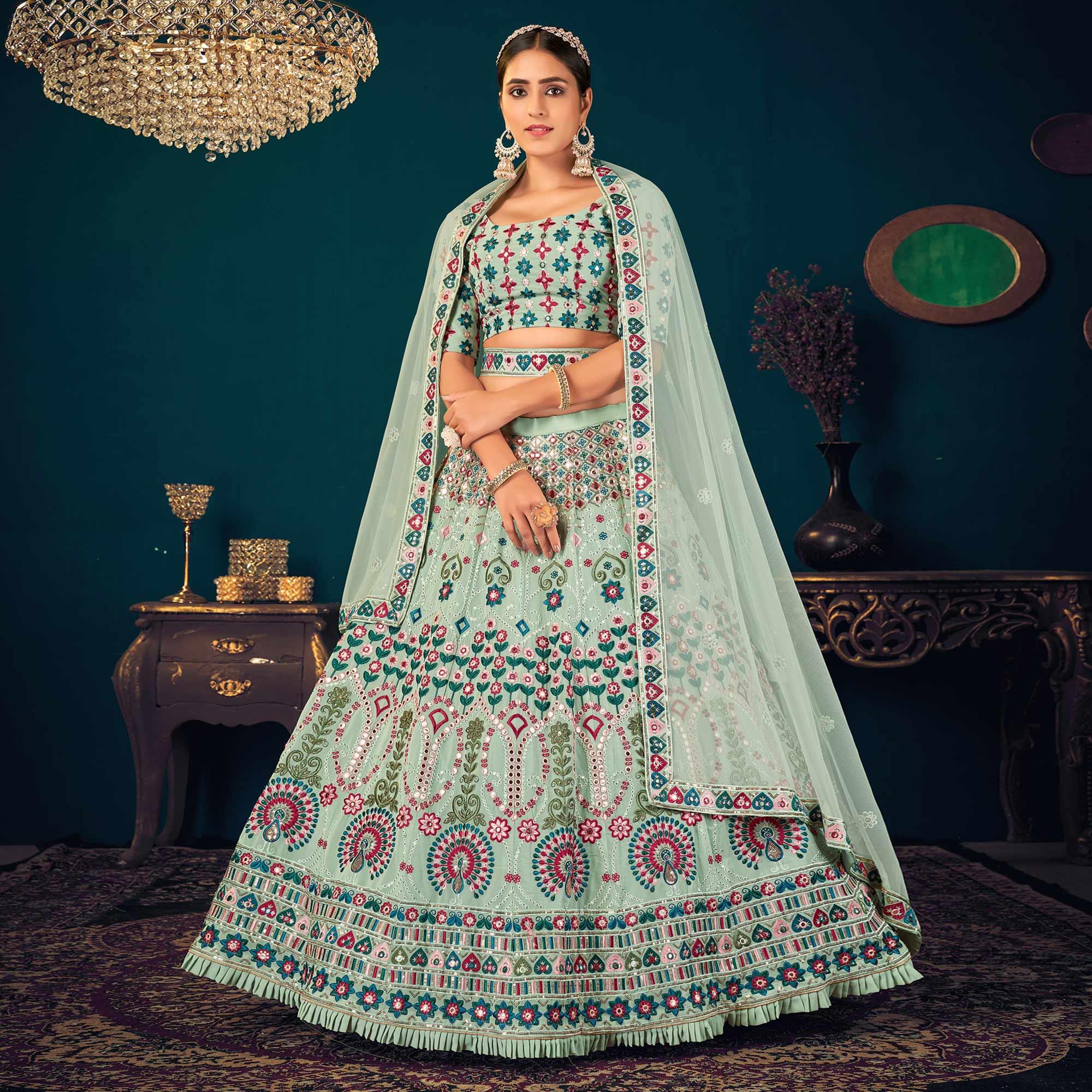 Pista Green Partywear Sequence With Gotta Patti Embroidered Georgette Lehenga Choli - Peachmode