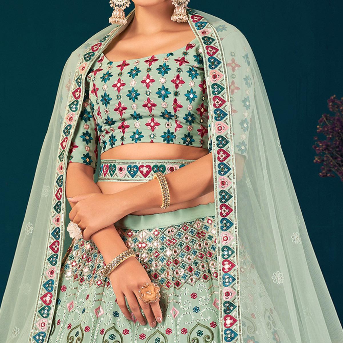 Pista Green Partywear Sequence With Gotta Patti Embroidered Georgette Lehenga Choli - Peachmode