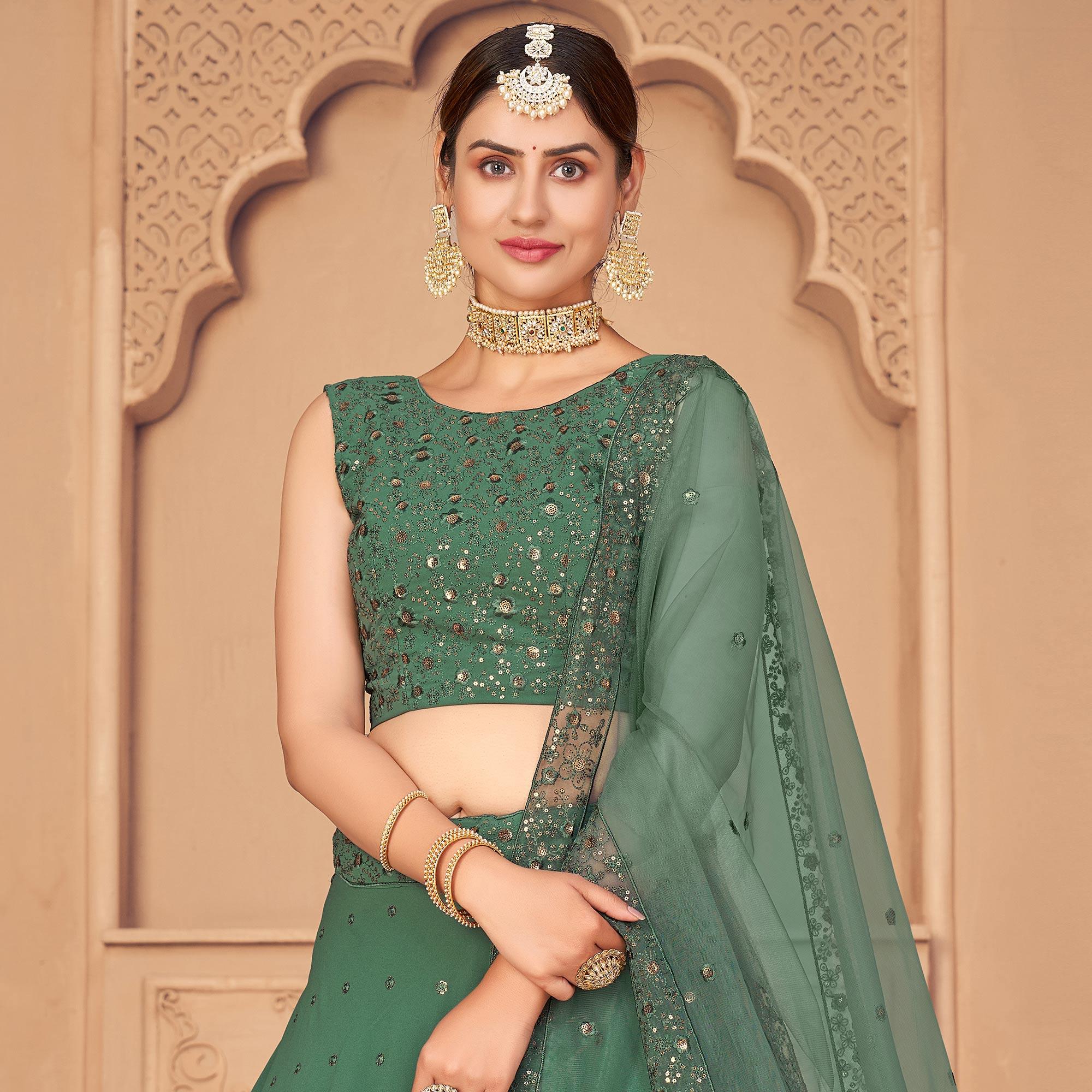 Pista Green Partywear Thread With Sequence Floral Embroidered Georgette Lehenga Choli - Peachmode