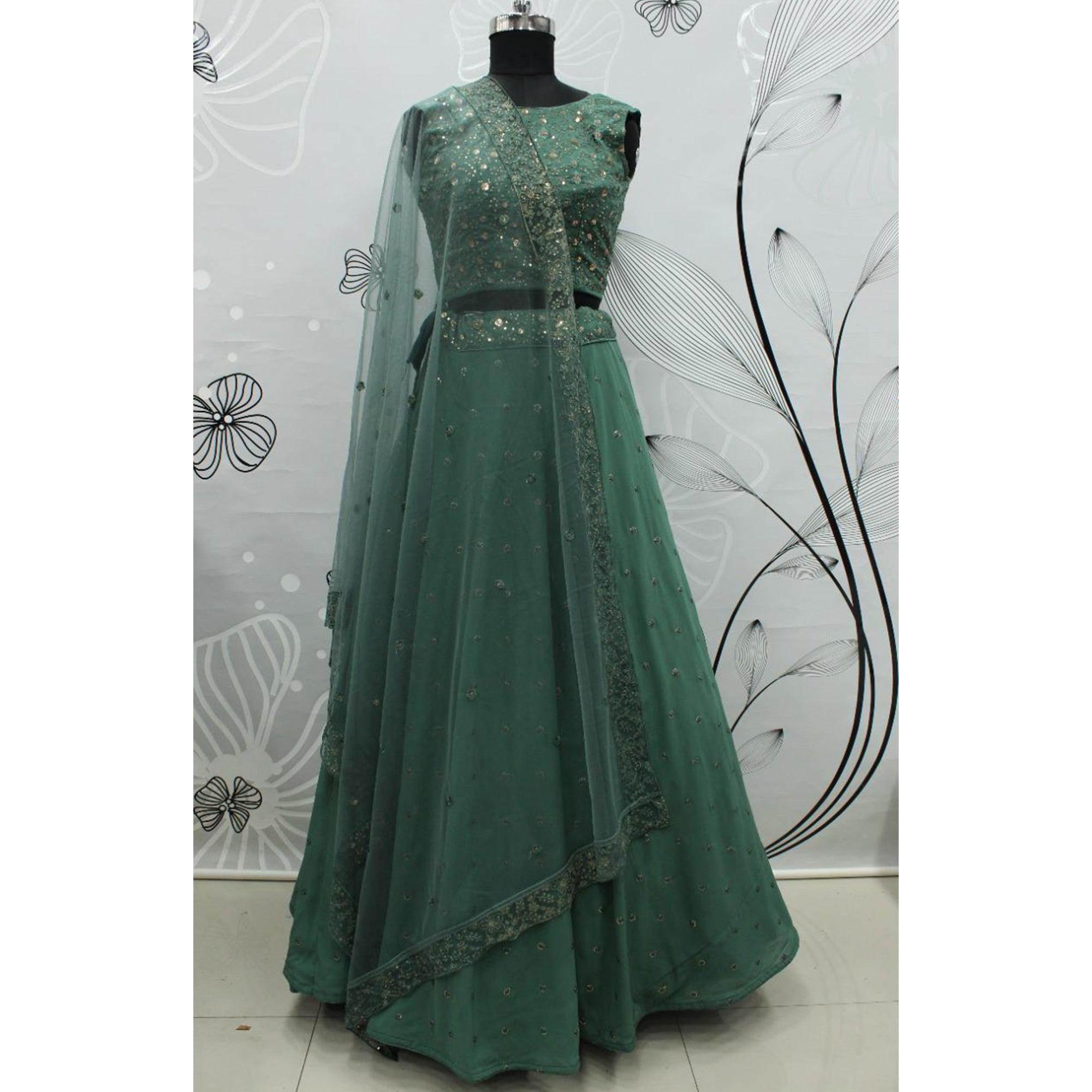 Pista Green Partywear Thread With Sequence Floral Embroidered Georgette Lehenga Choli - Peachmode
