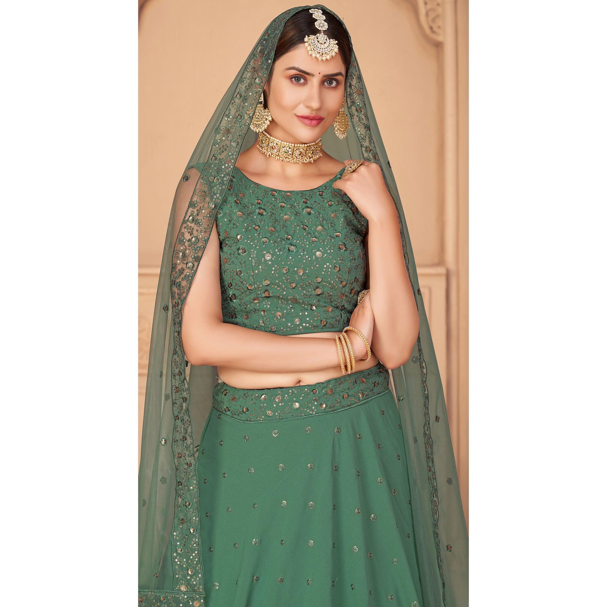 Pista Green Partywear Thread With Sequence Floral Embroidered Georgette Lehenga Choli - Peachmode