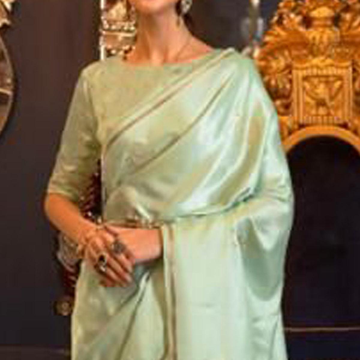 Pista Green Partywear Woven Satin Saree - Peachmode