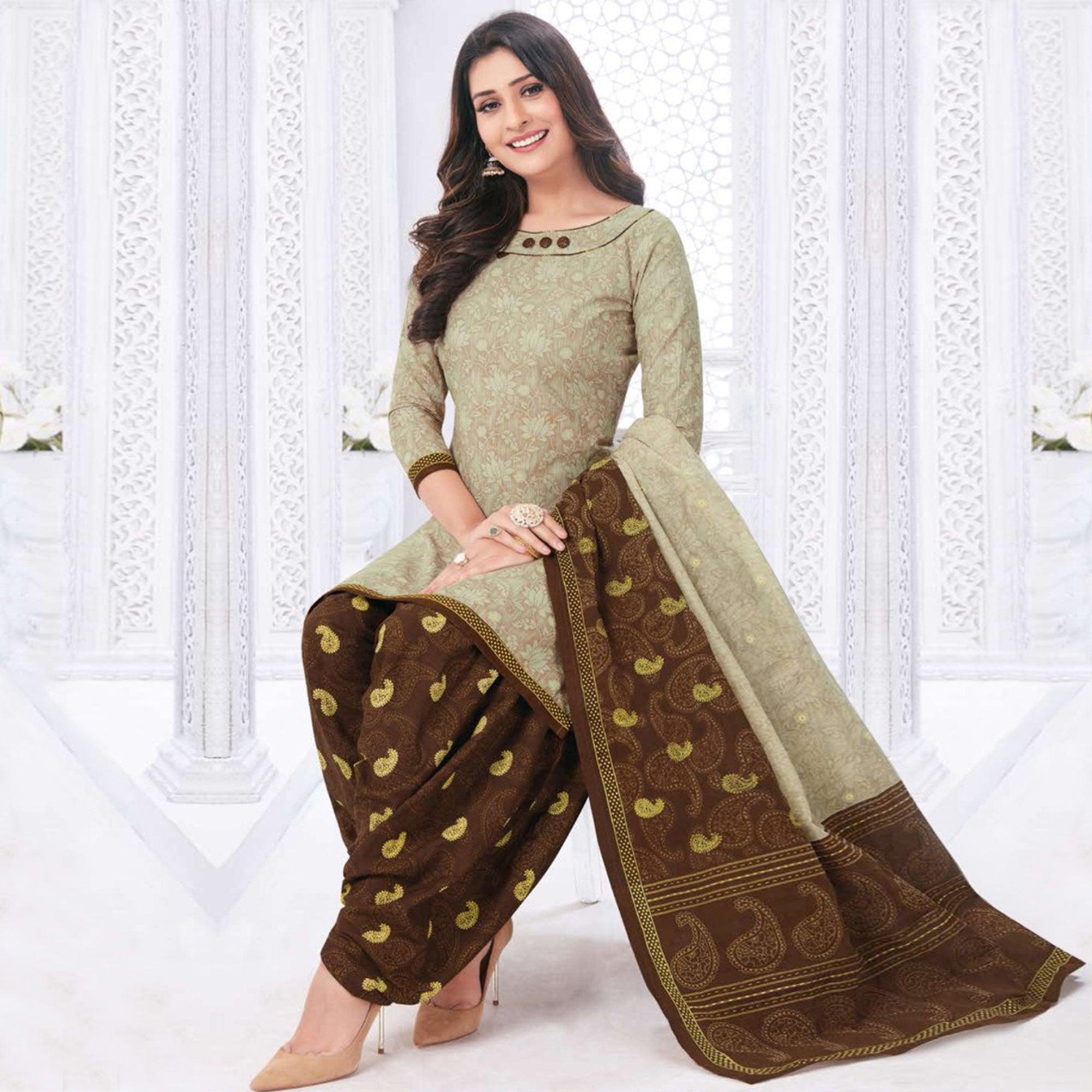 Pista Green Printed Leon Patiala Dress Material - Peachmode