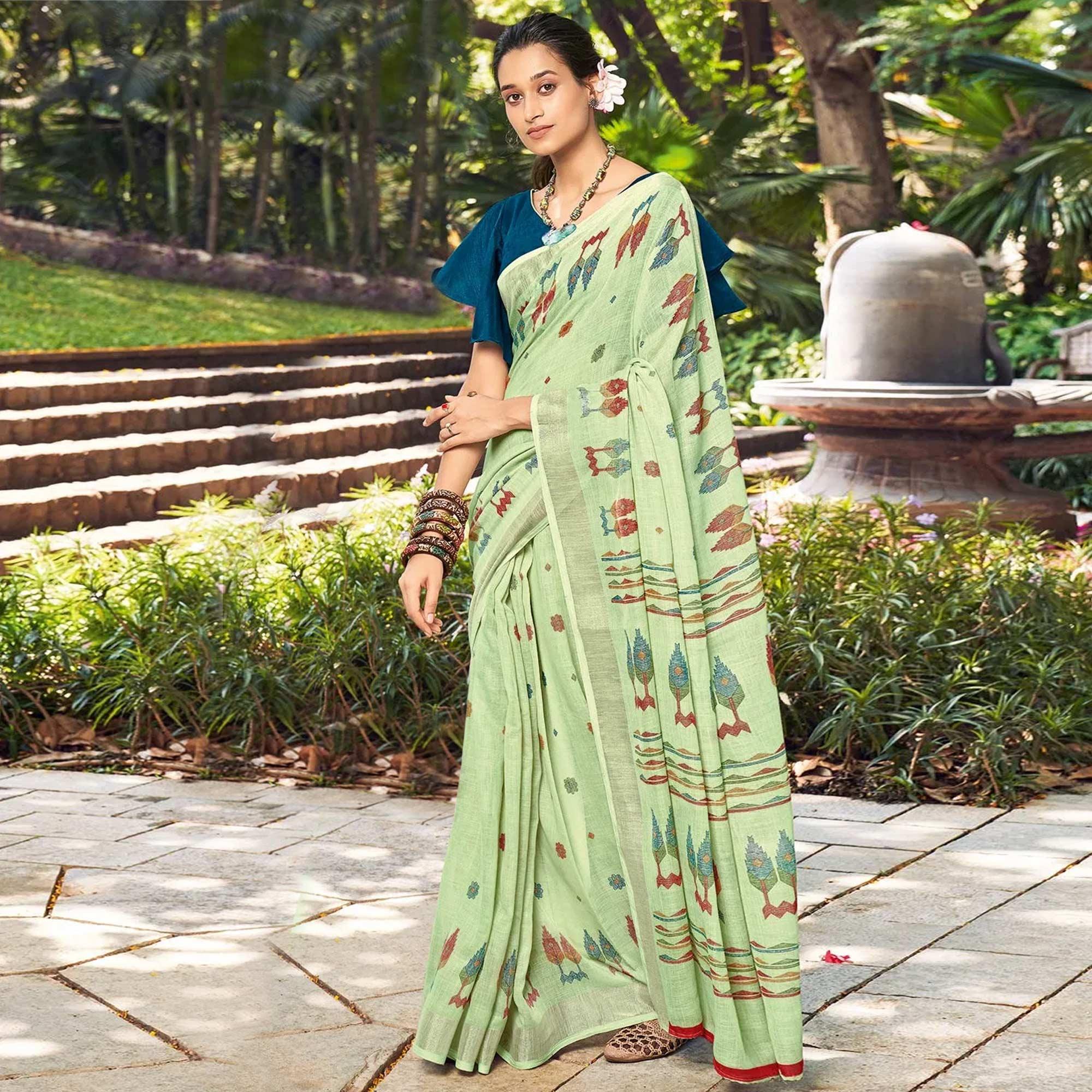 Pista Green Printed Linen Saree - Peachmode