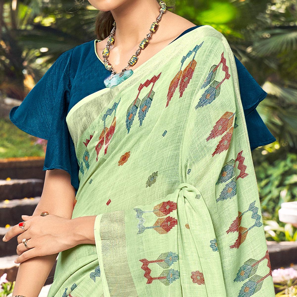 Pista Green Printed Linen Saree - Peachmode