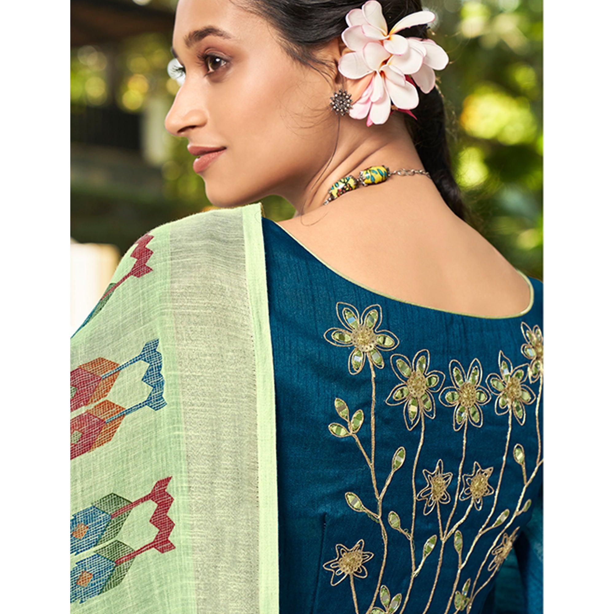 Pista Green Printed Linen Saree - Peachmode