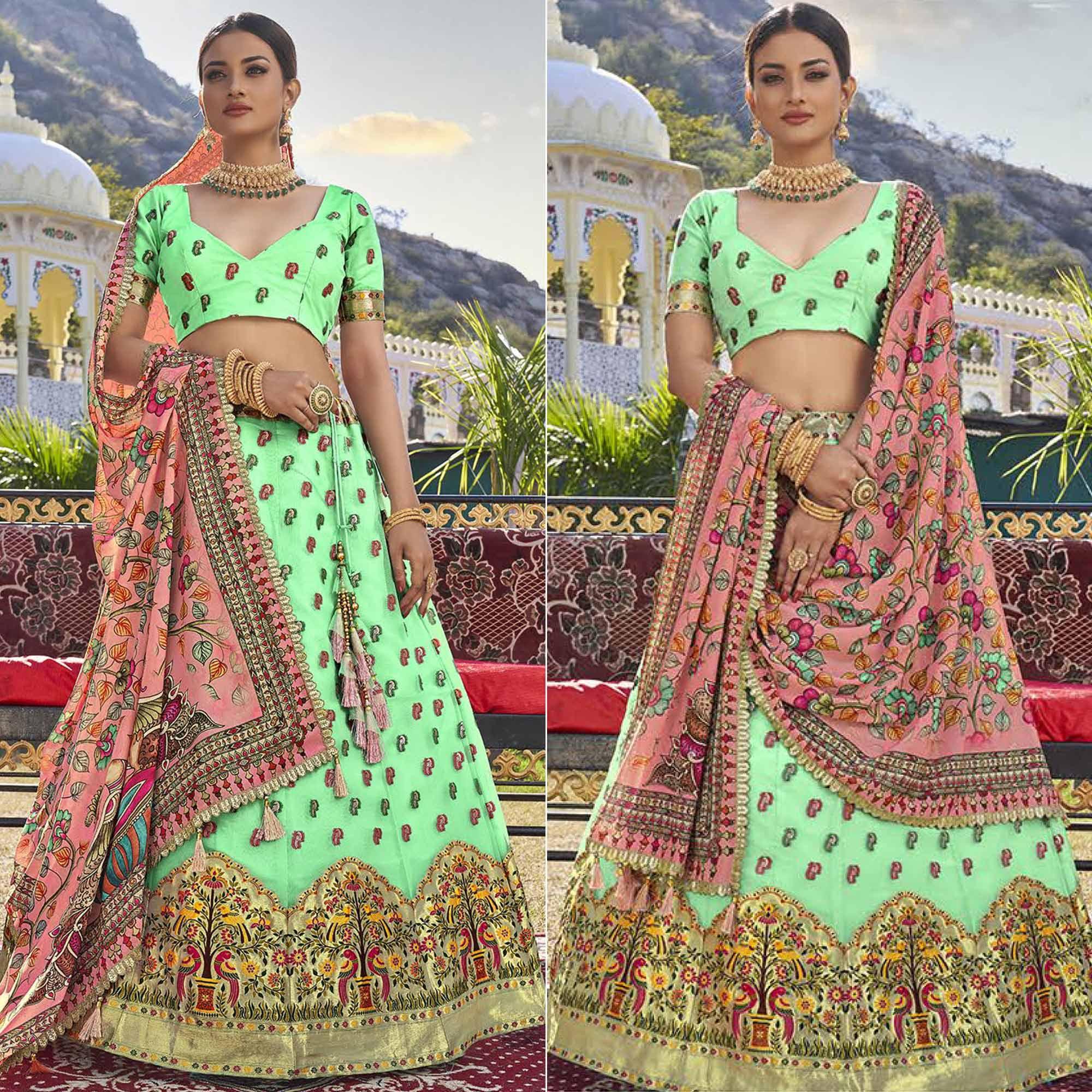 Pista Green Printed Organza Lehenga Choli - Peachmode