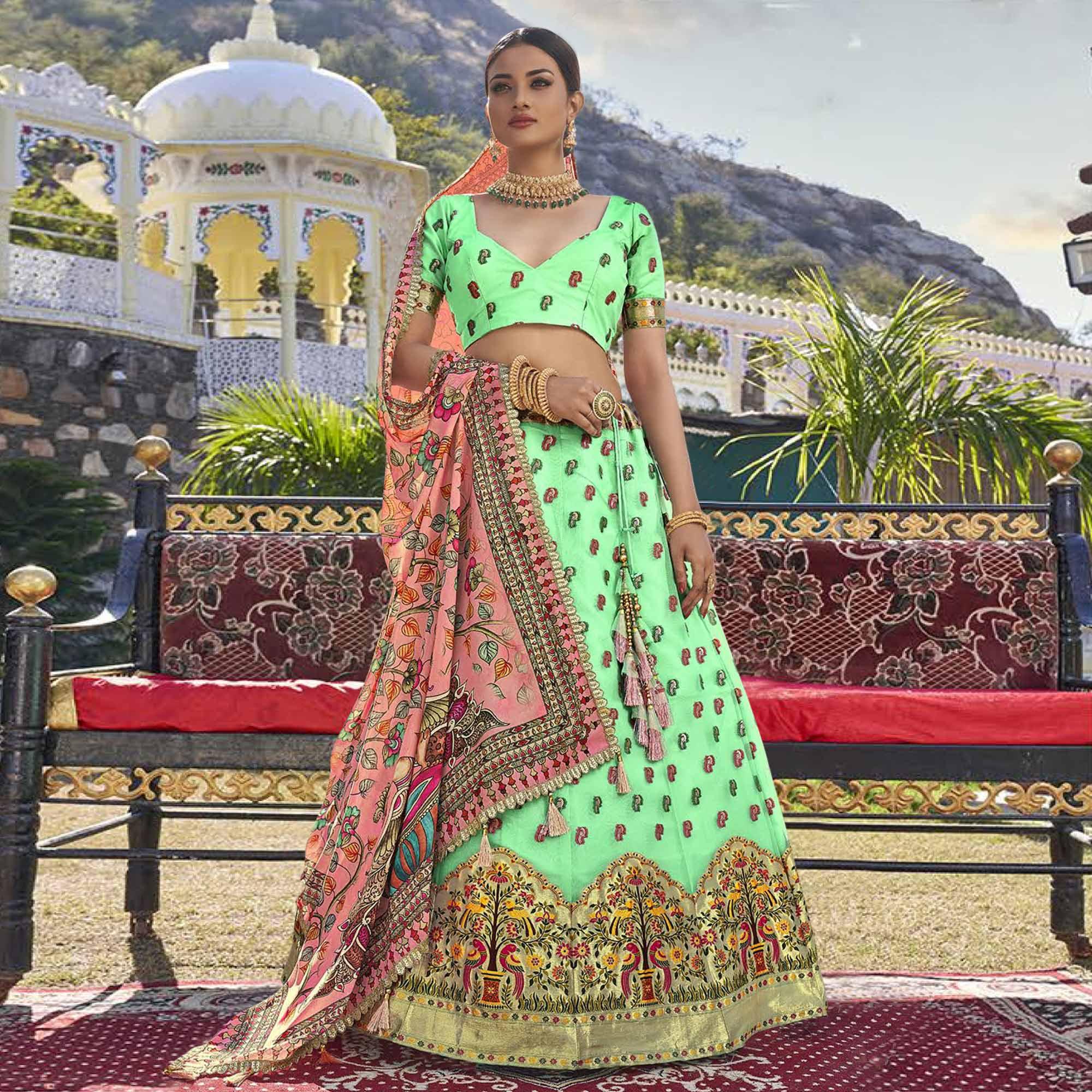 Pista Green Printed Organza Lehenga Choli - Peachmode