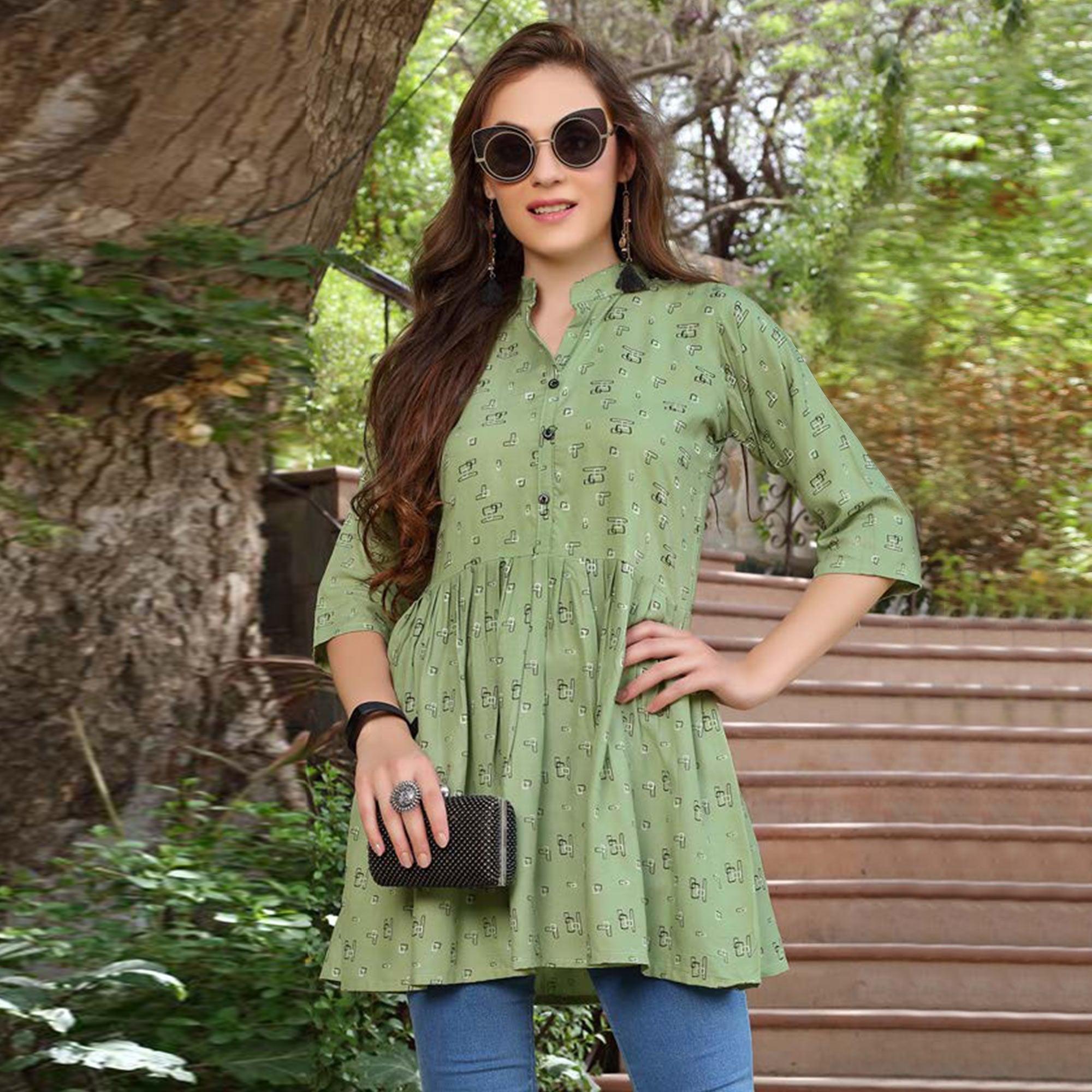 Pista Green Printed Poly Cotton Top - Peachmode