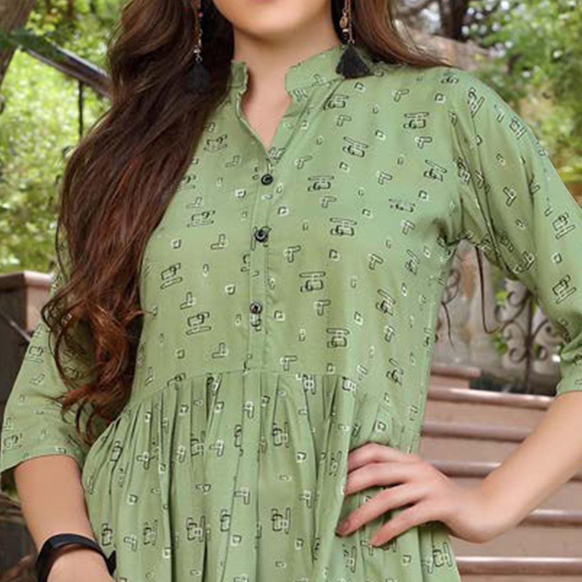 Pista Green Printed Poly Cotton Top - Peachmode