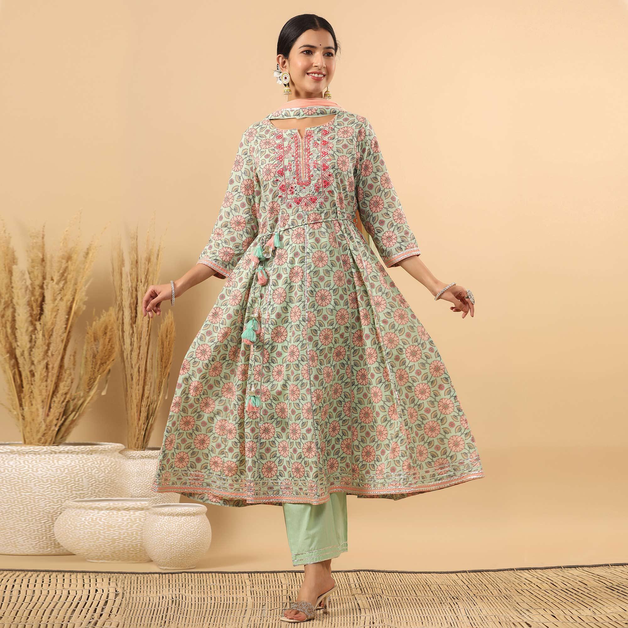 Pista Green Printed Pure Cotton Anarkali Suit - Peachmode