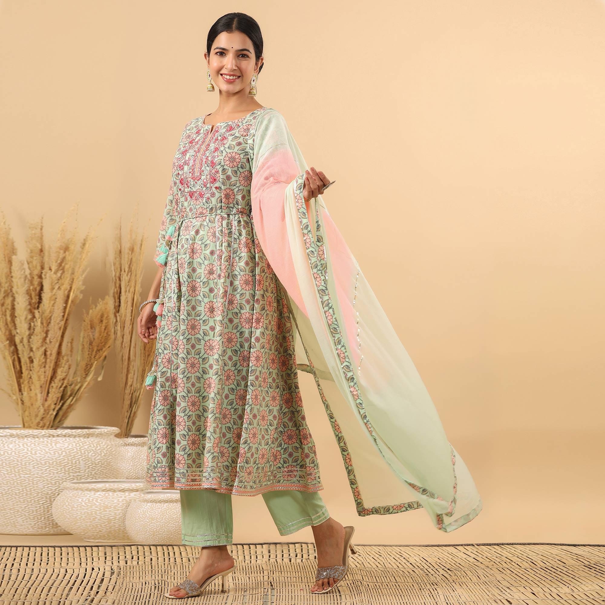 Pista Green Printed Pure Cotton Anarkali Suit - Peachmode