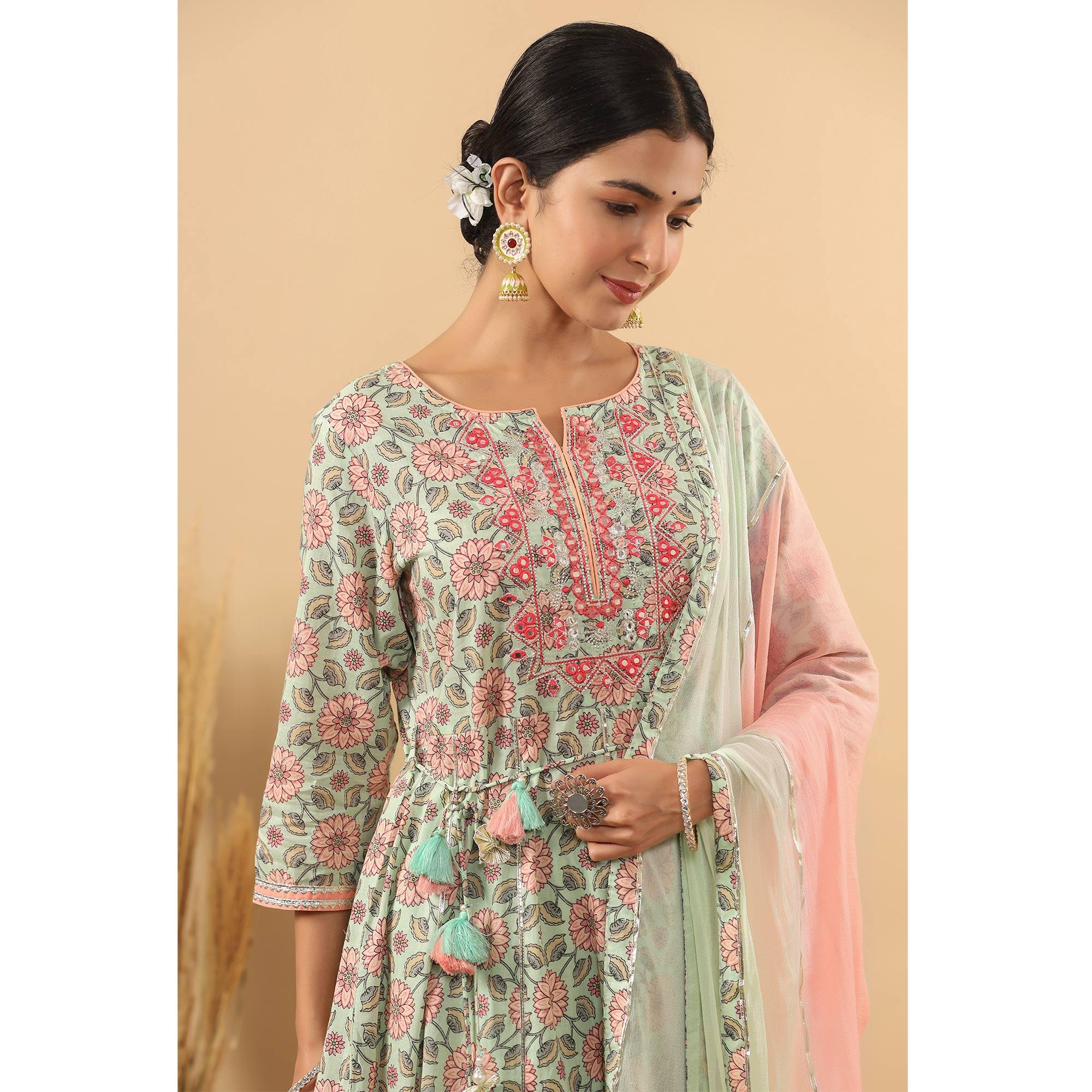 Pista Green Printed Pure Cotton Anarkali Suit - Peachmode