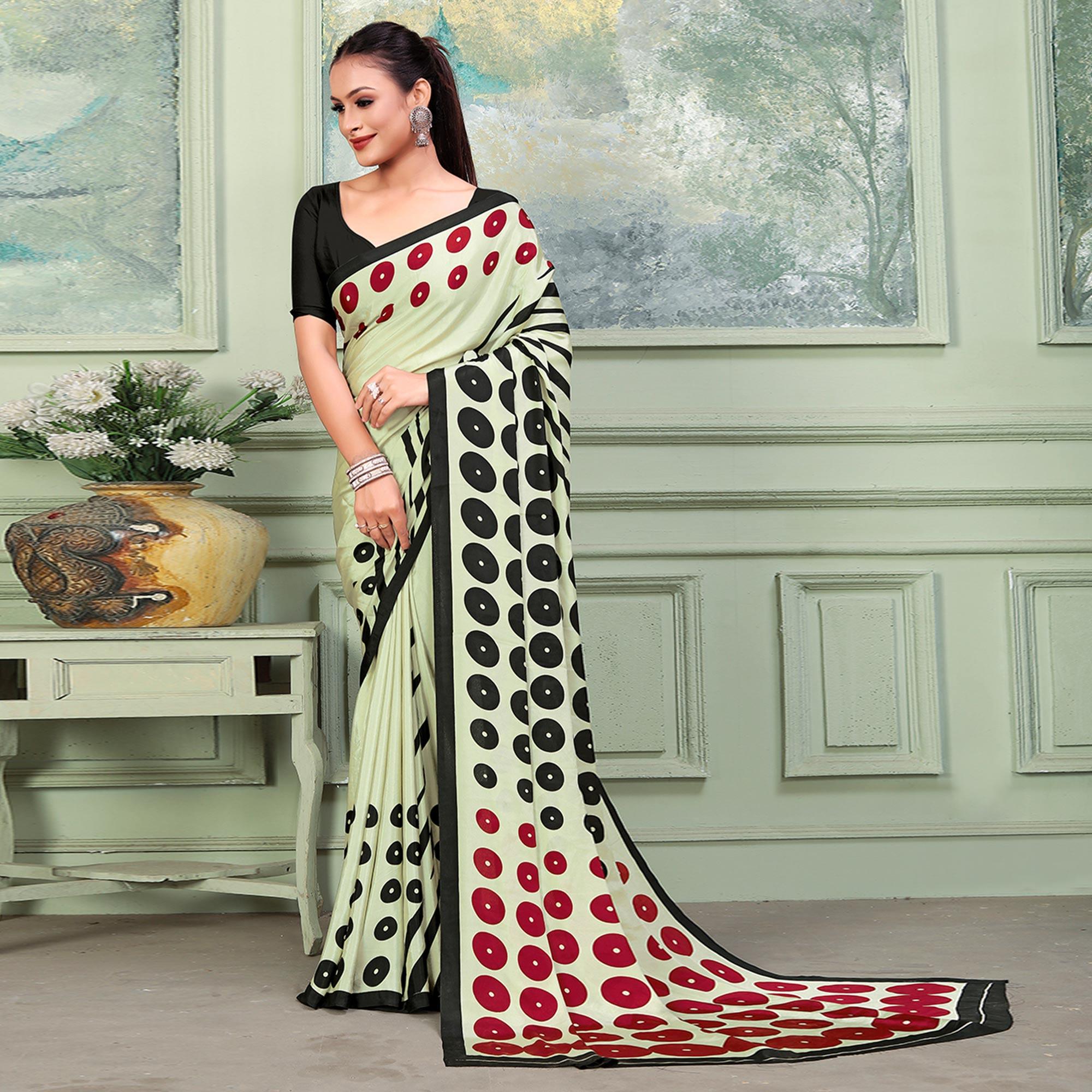 Pista Green Printed Raw Silk Saree - Peachmode