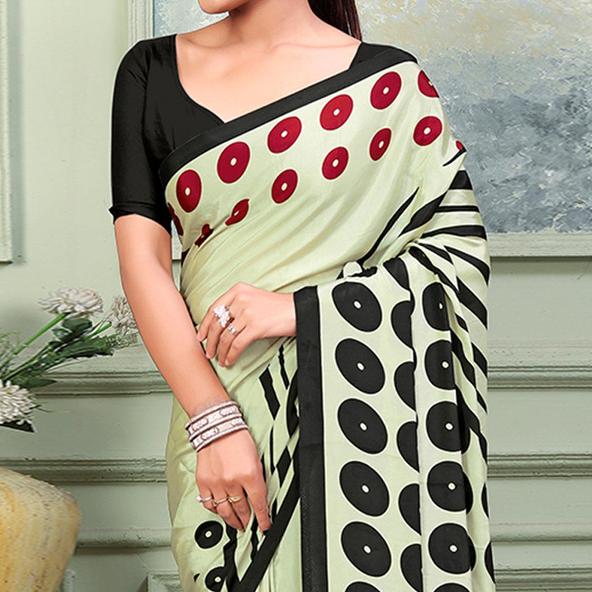 Pista Green Printed Raw Silk Saree - Peachmode