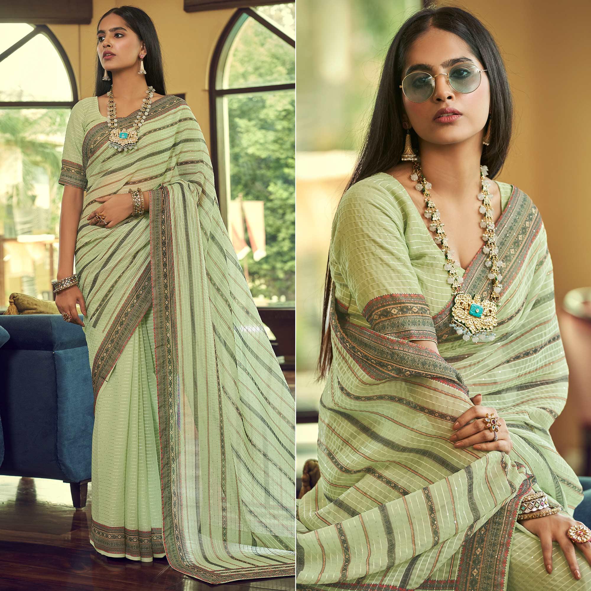 Pista Green Printed With Embellished Georgette Half and Half Saree - Peachmode