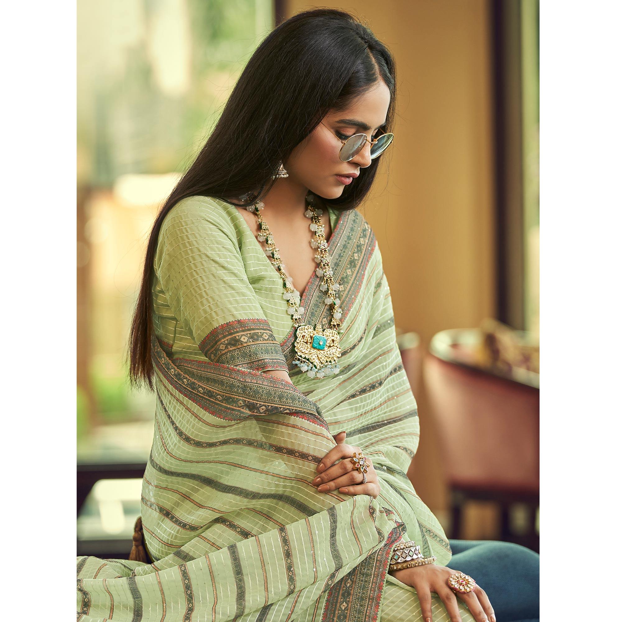 Pista Green Printed With Embellished Georgette Half and Half Saree - Peachmode