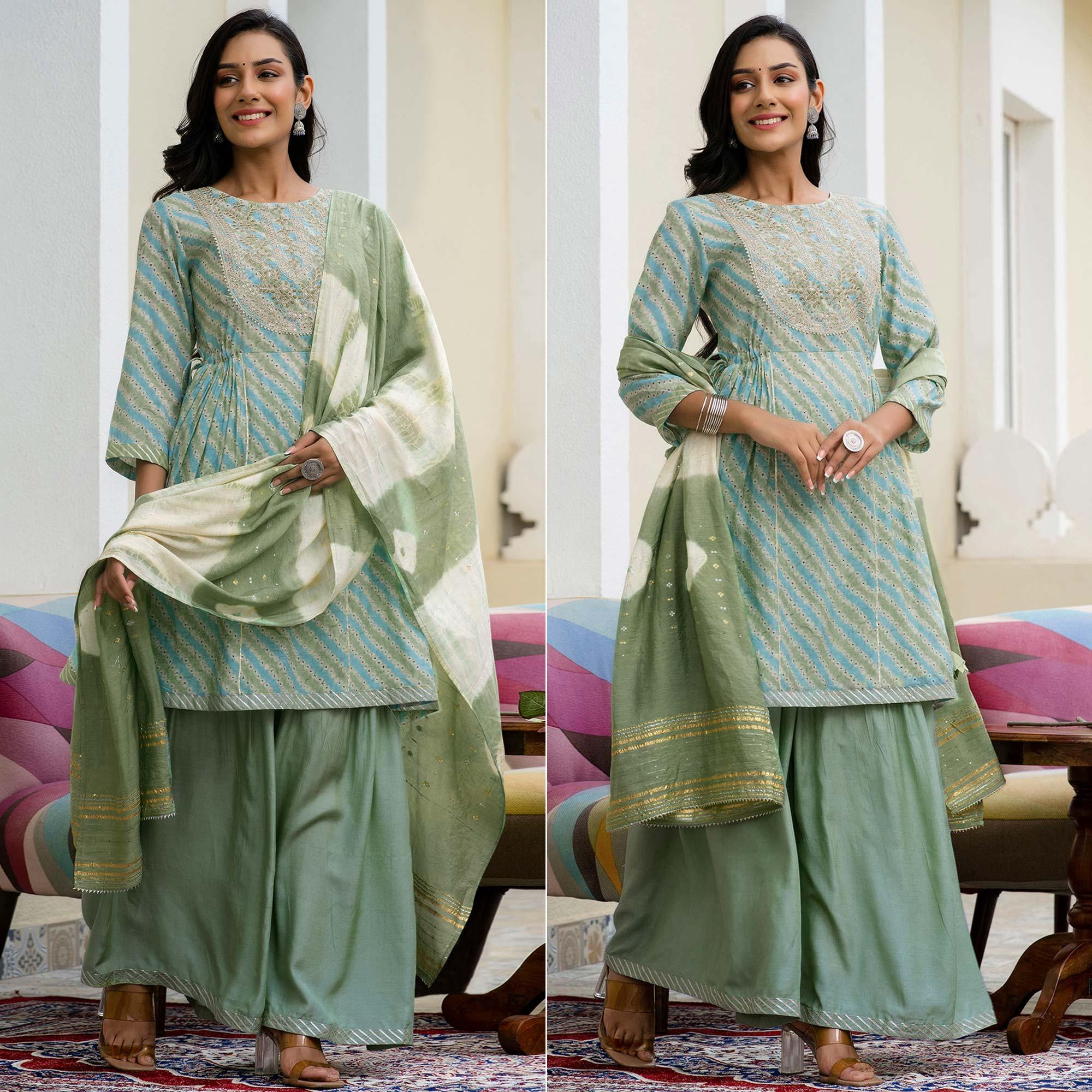 Pista Green Printed With Embroidered Chanderi Sharara Suit - Peachmode