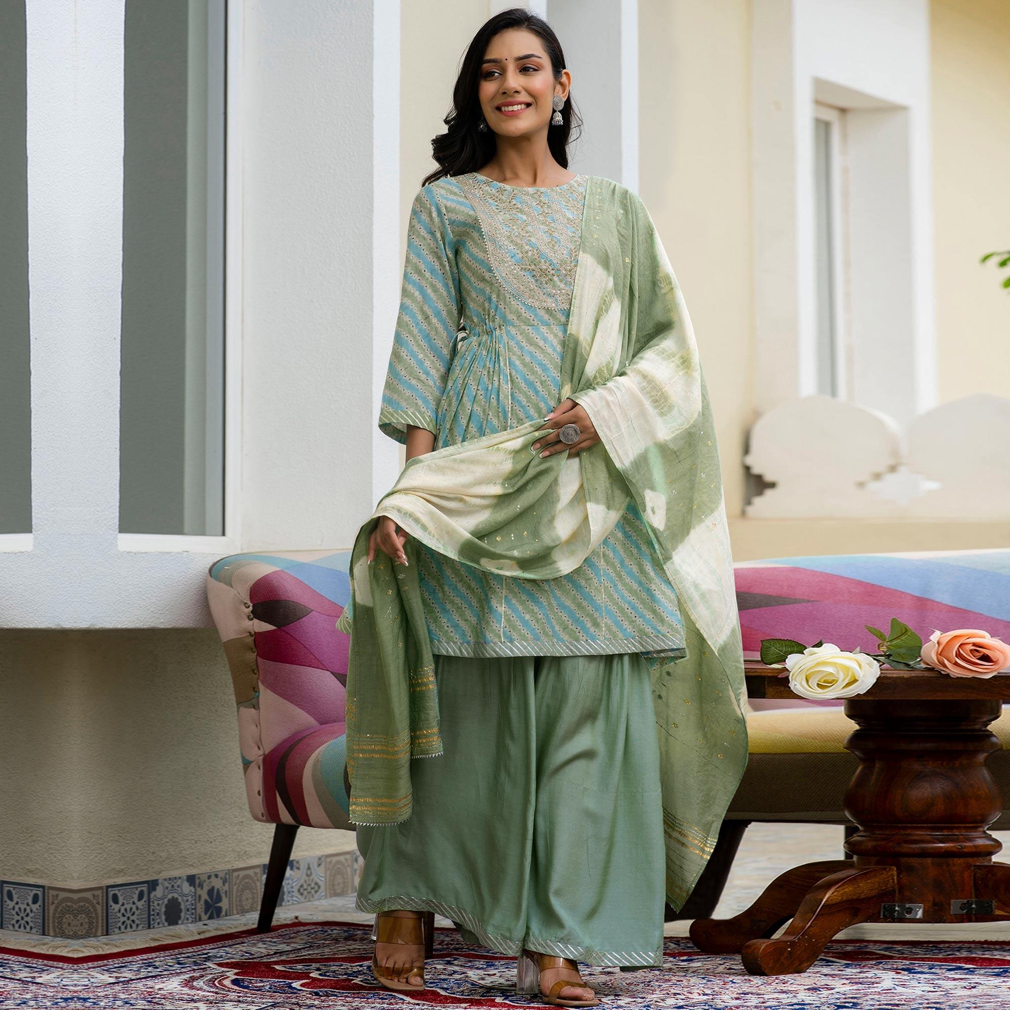 Pista Green Printed With Embroidered Chanderi Sharara Suit - Peachmode