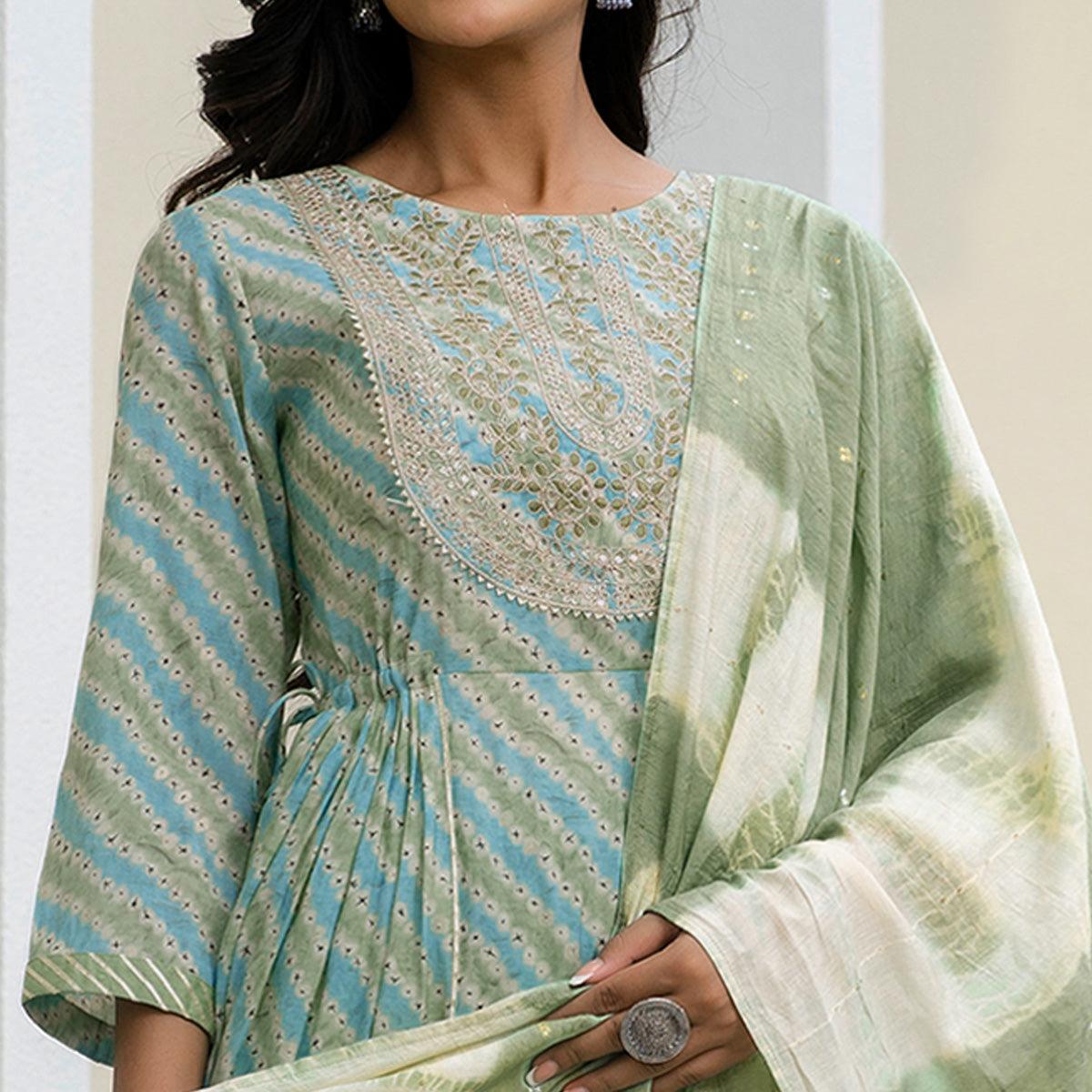 Pista Green Printed With Embroidered Chanderi Sharara Suit - Peachmode