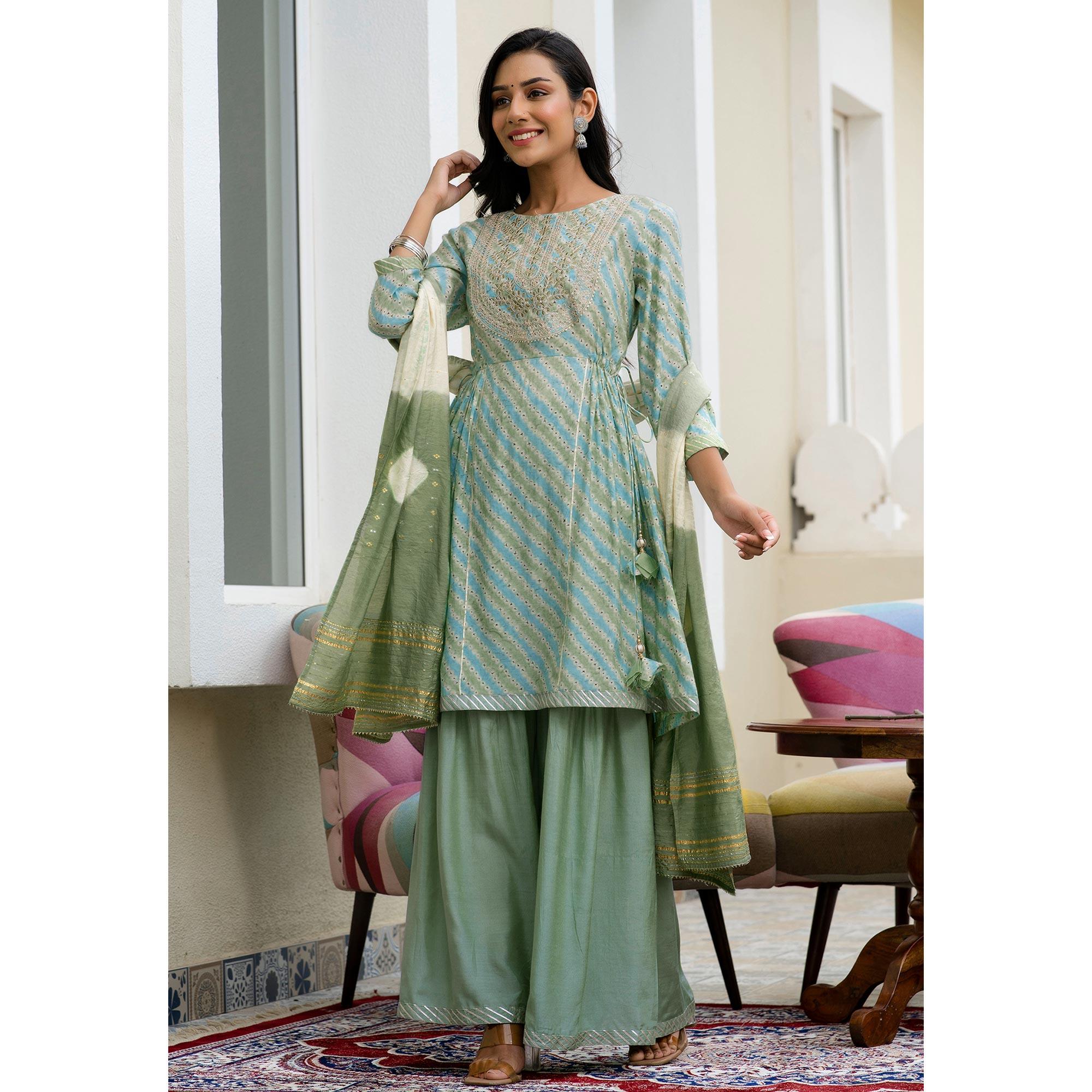 Pista Green Printed With Embroidered Chanderi Sharara Suit - Peachmode