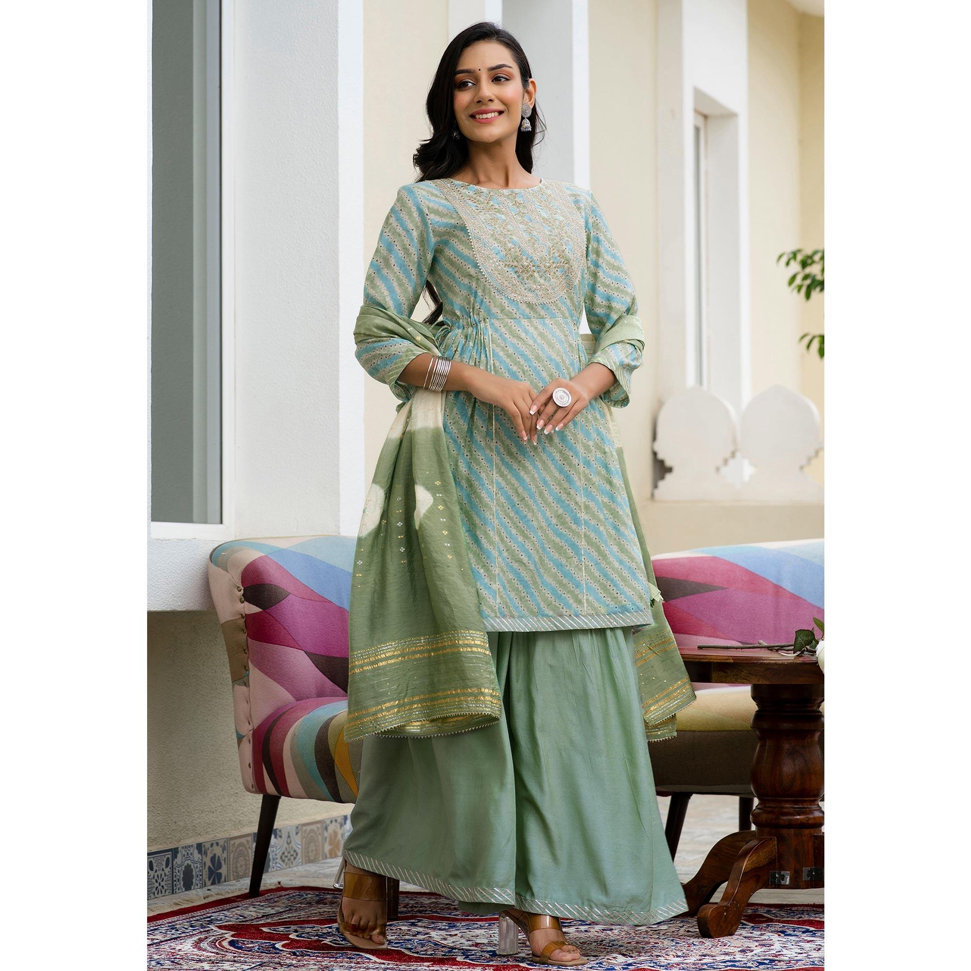 Pista Green Printed With Embroidered Chanderi Sharara Suit - Peachmode