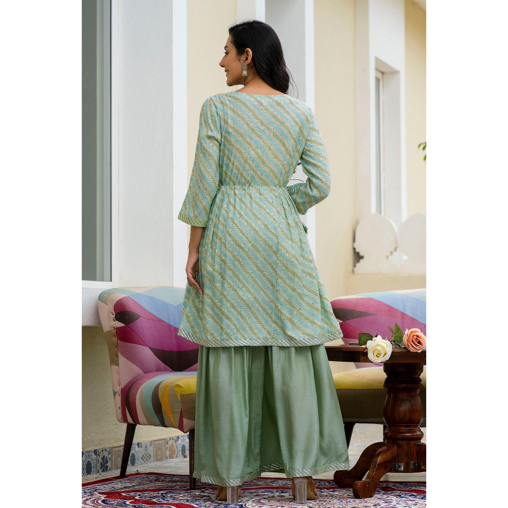 Pista Green Printed With Embroidered Chanderi Sharara Suit - Peachmode