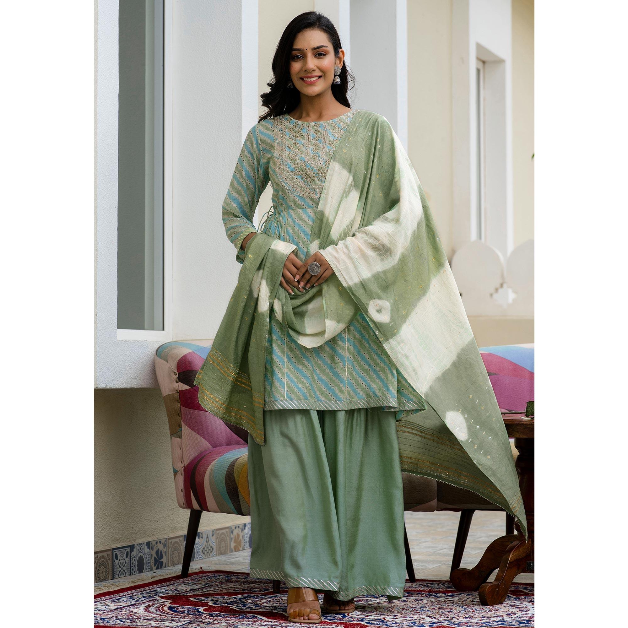 Pista Green Printed With Embroidered Chanderi Sharara Suit - Peachmode