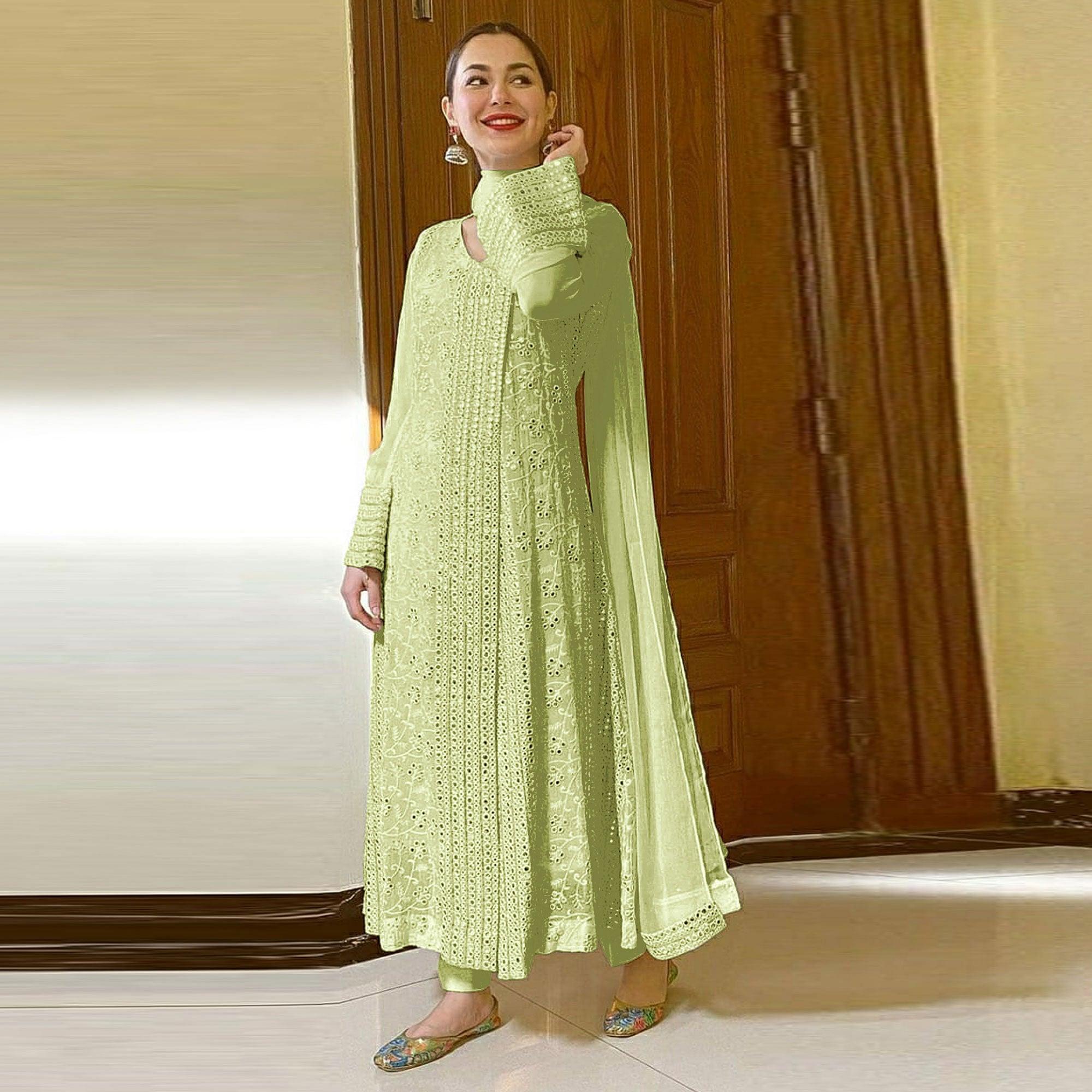 Pista Green Sequence Embroidered Georgette Anarkali Suit - Peachmode