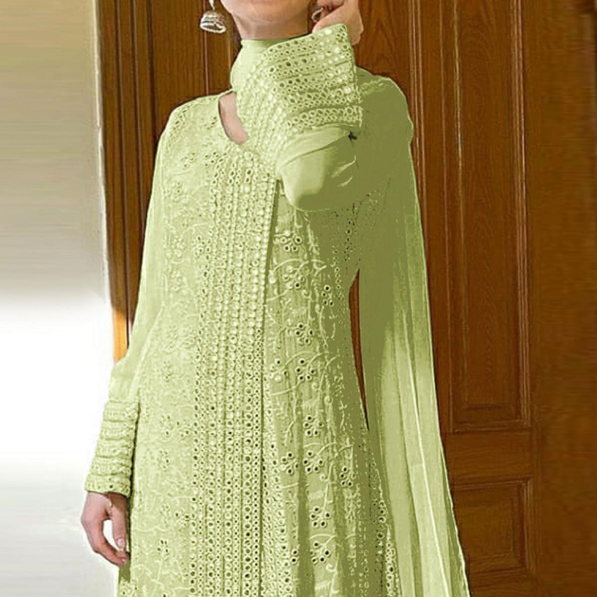 Pista Green Sequence Embroidered Georgette Anarkali Suit - Peachmode