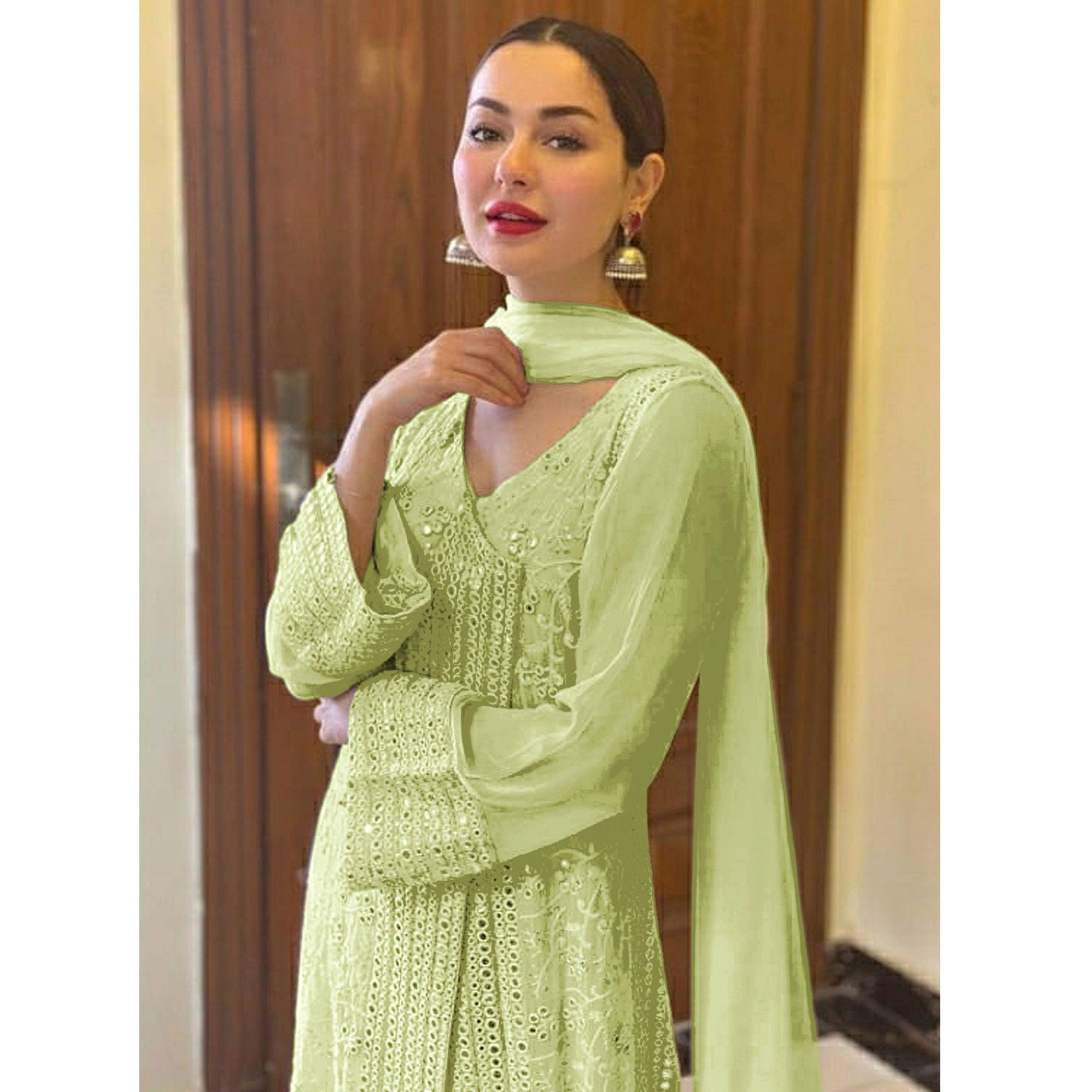 Pista Green Sequence Embroidered Georgette Anarkali Suit - Peachmode