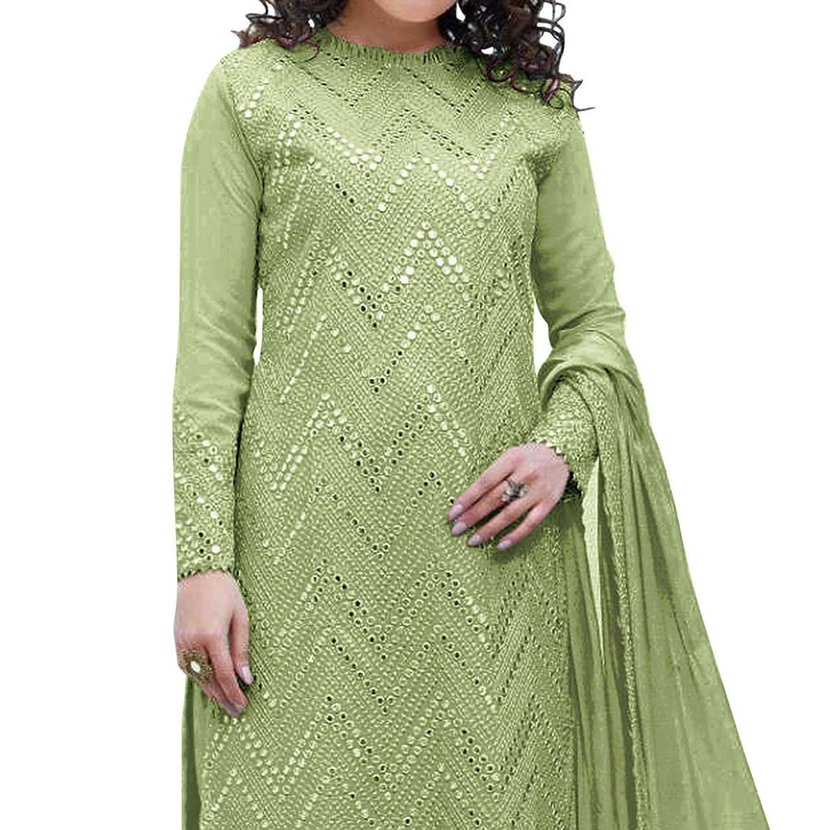 Pista Green Sequence Embroidered Georgette Suit - Peachmode