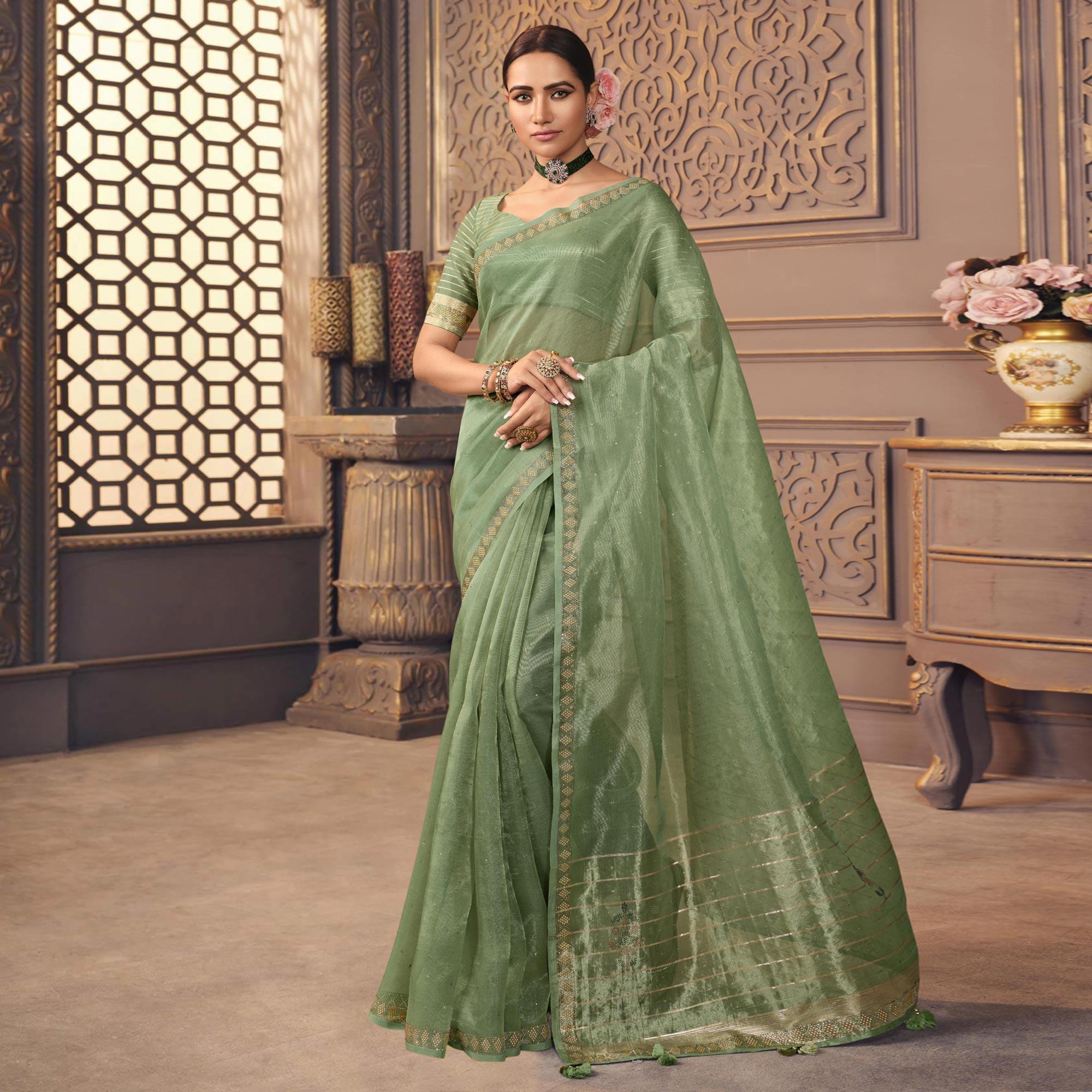 Pista Green Sequence Embroidered Organza Saree - Peachmode