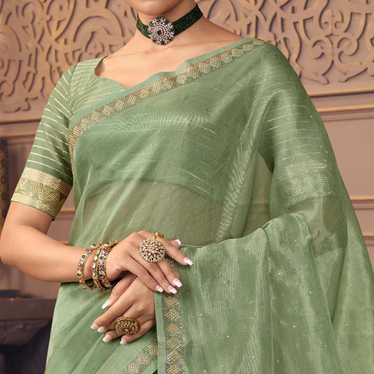 Pista Green Sequence Embroidered Organza Saree - Peachmode