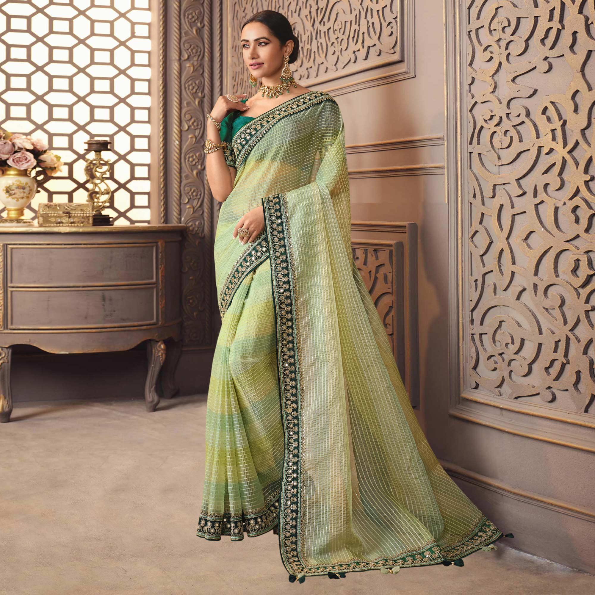Pista Green Sequence Embroidered Organza Saree - Peachmode