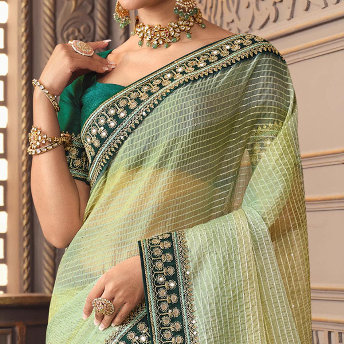 Pista Green Sequence Embroidered Organza Saree - Peachmode