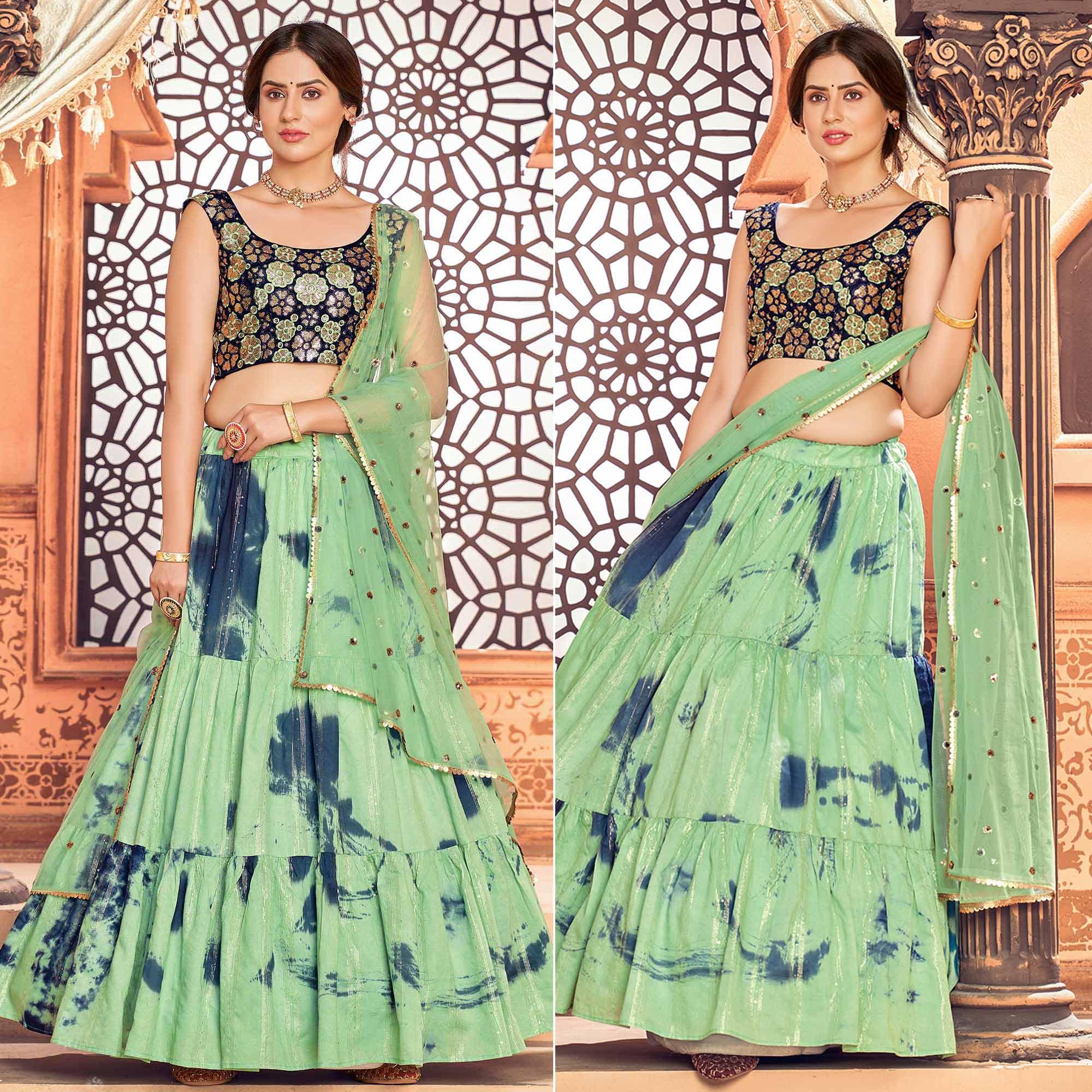 Pista Green Sequence Embroidered Poly Cotton Lehenga Choli - Peachmode