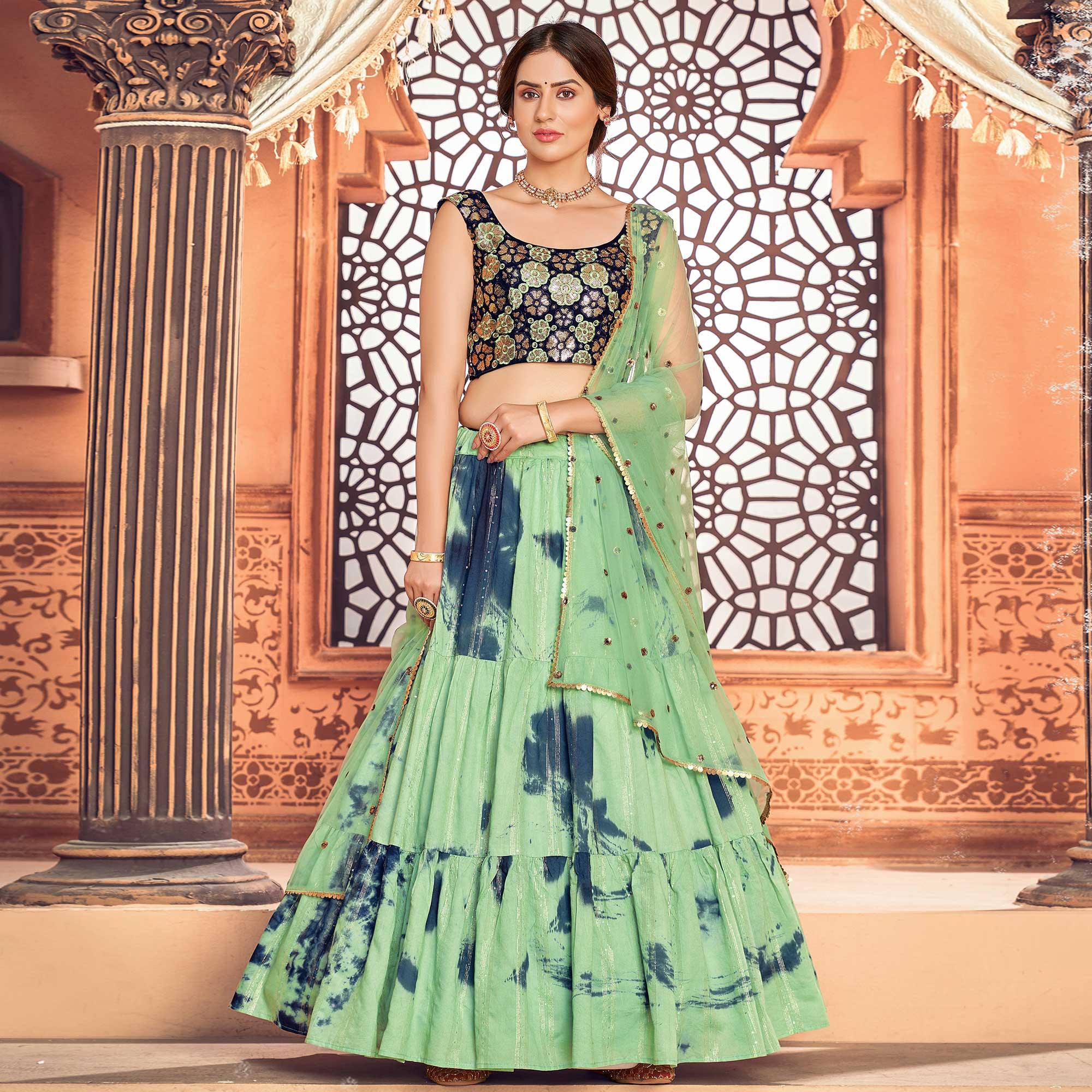 Pista Green Sequence Embroidered Poly Cotton Lehenga Choli - Peachmode