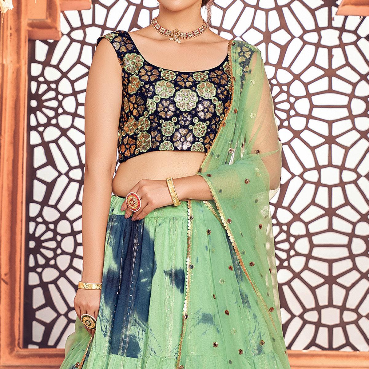 Pista Green Sequence Embroidered Poly Cotton Lehenga Choli - Peachmode