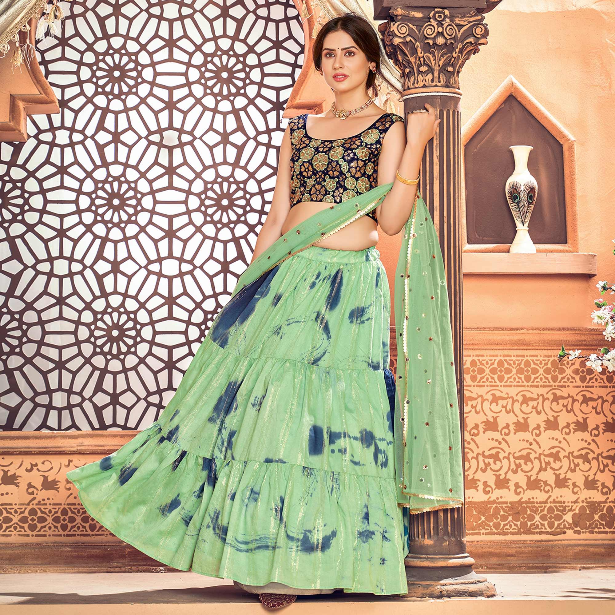 Pista Green Sequence Embroidered Poly Cotton Lehenga Choli - Peachmode