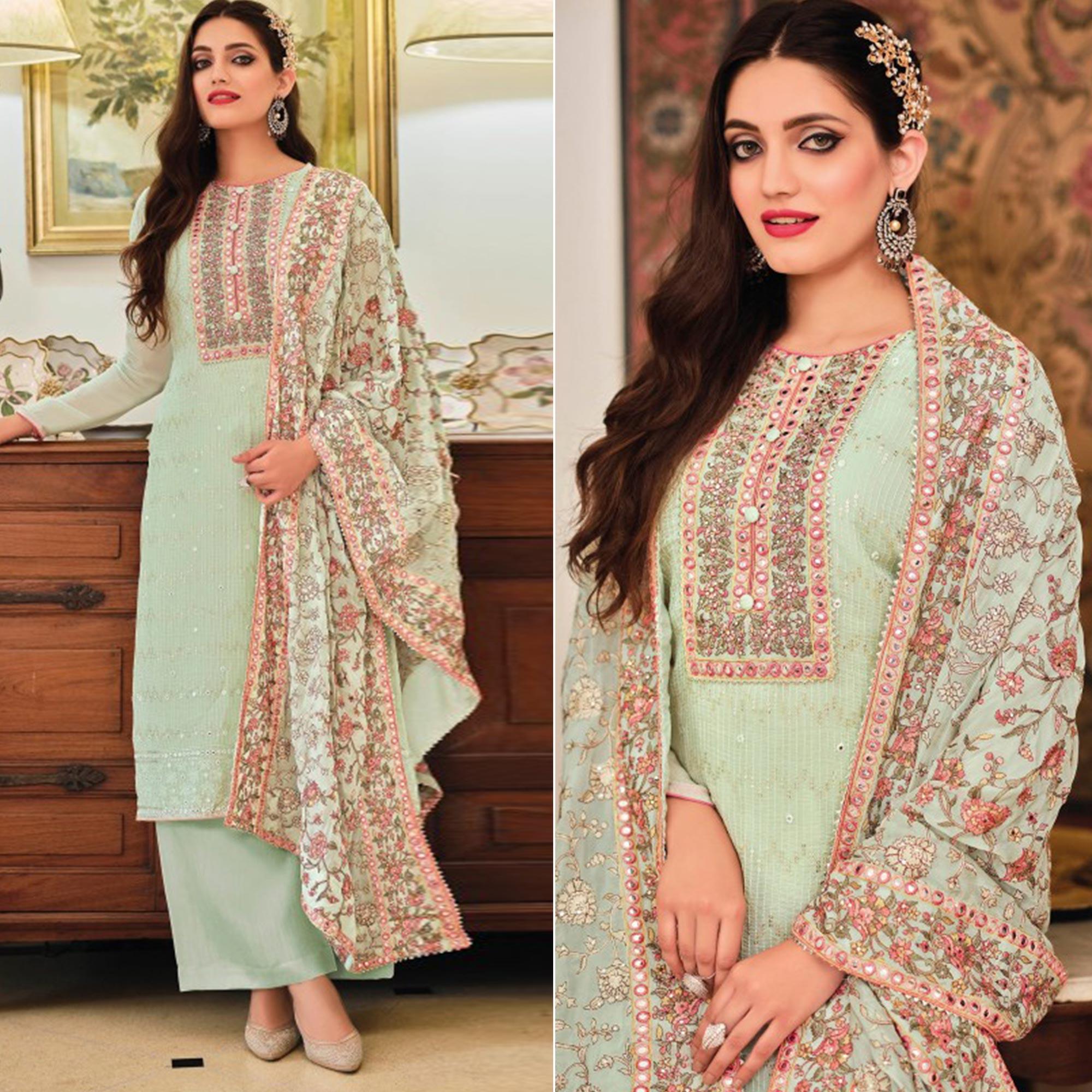 Pista Green Sequence Embroidered With Mirror Work Georgette Palazzo Suit - Peachmode