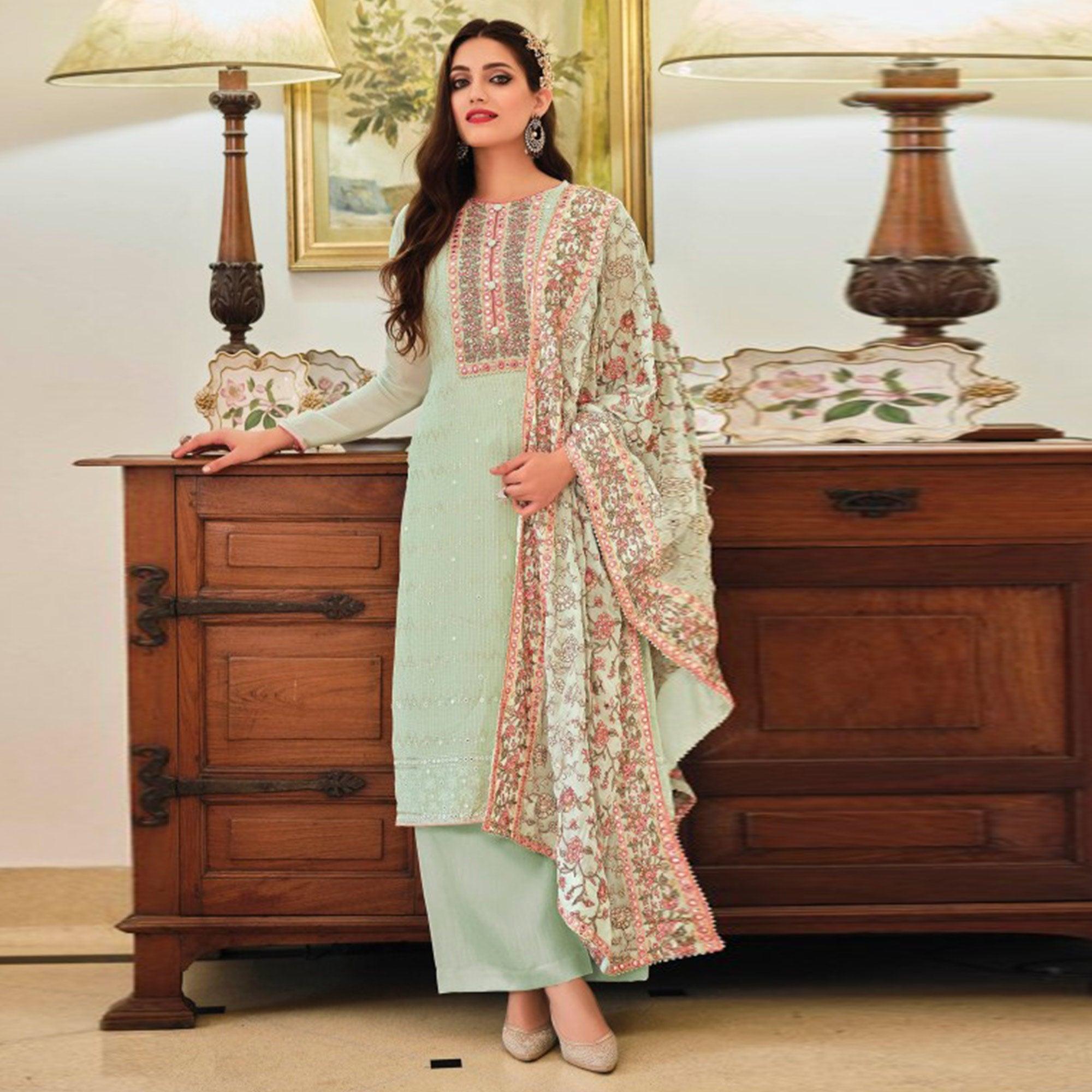 Pista Green Sequence Embroidered With Mirror Work Georgette Palazzo Suit - Peachmode